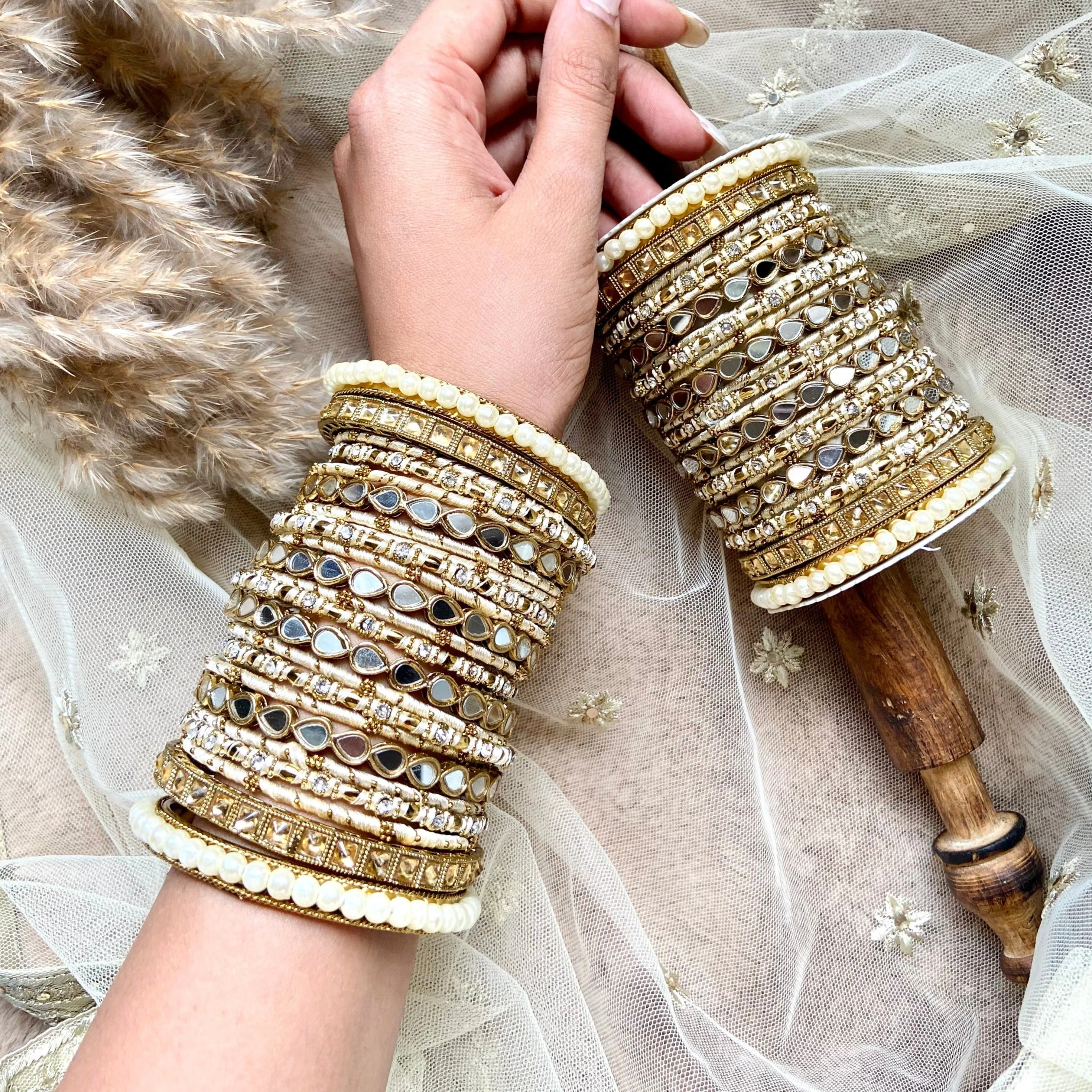 Bangle Set with Drop Mirror Kada and Pearl by Leshya - Image 4