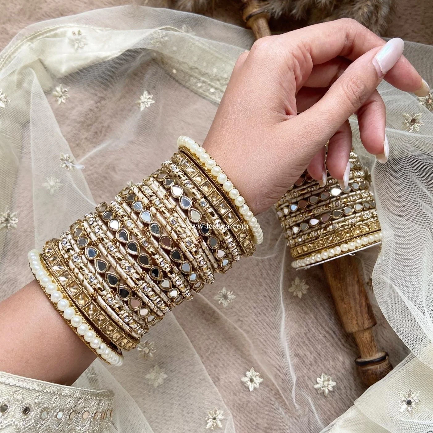 Bangle Set with Drop Mirror Kada and Pearl by Leshya - Image 2