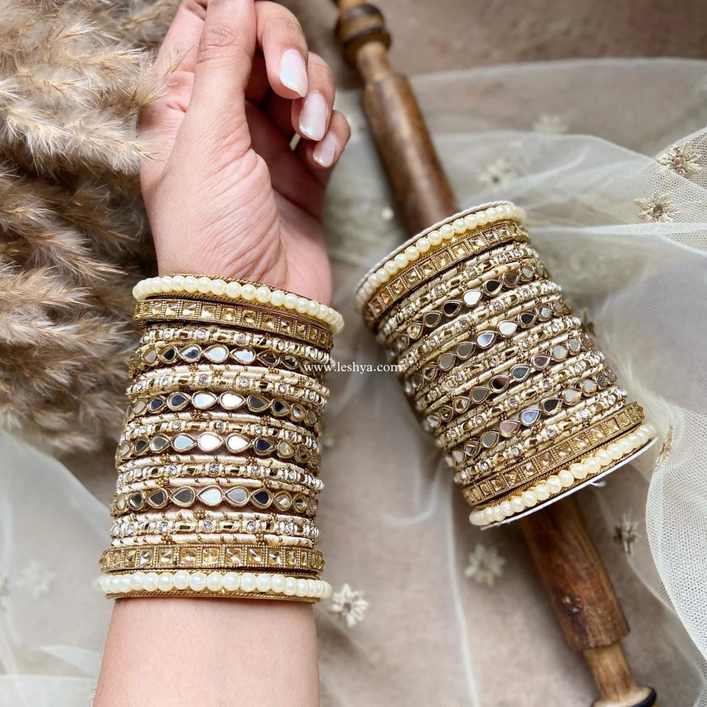 Bangle Set with Drop Mirror Kada and Pearl by Leshya - Image 6