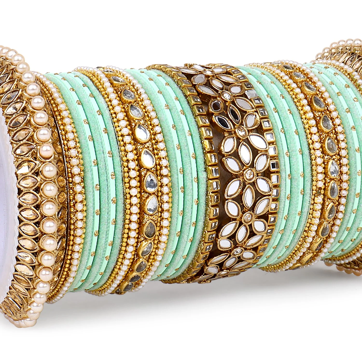 Bridal Bangle Set with Flower Mirror Kada and Pacheli by Leshya - Image 15