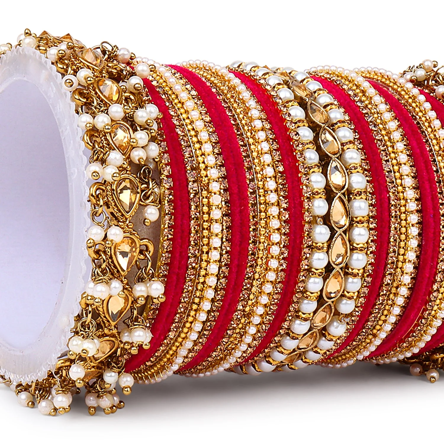 Bridal Bangle set with Pearl and Kundan and Velvet Bangles - Image 11