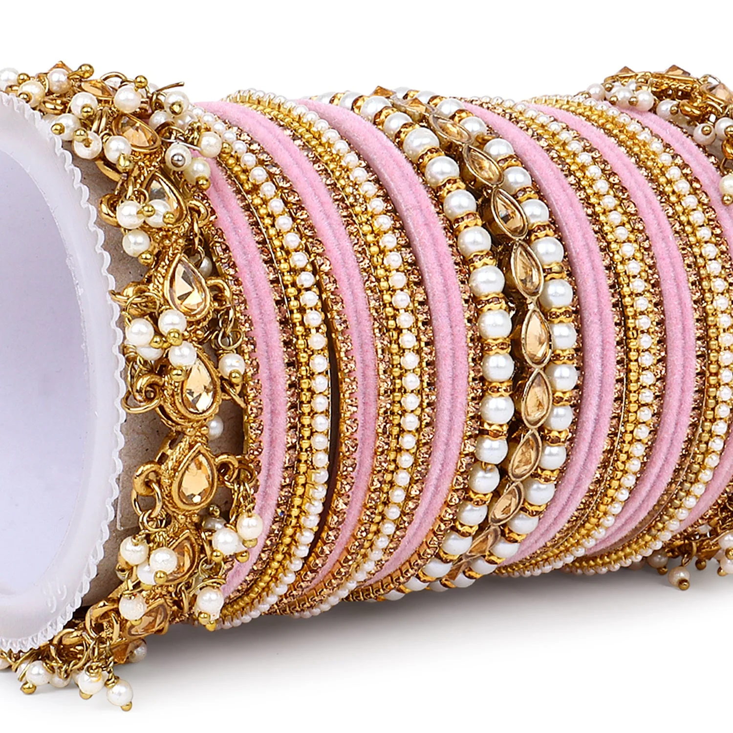 Bridal Bangle set with Pearl and Kundan and Velvet Bangles - Image 5