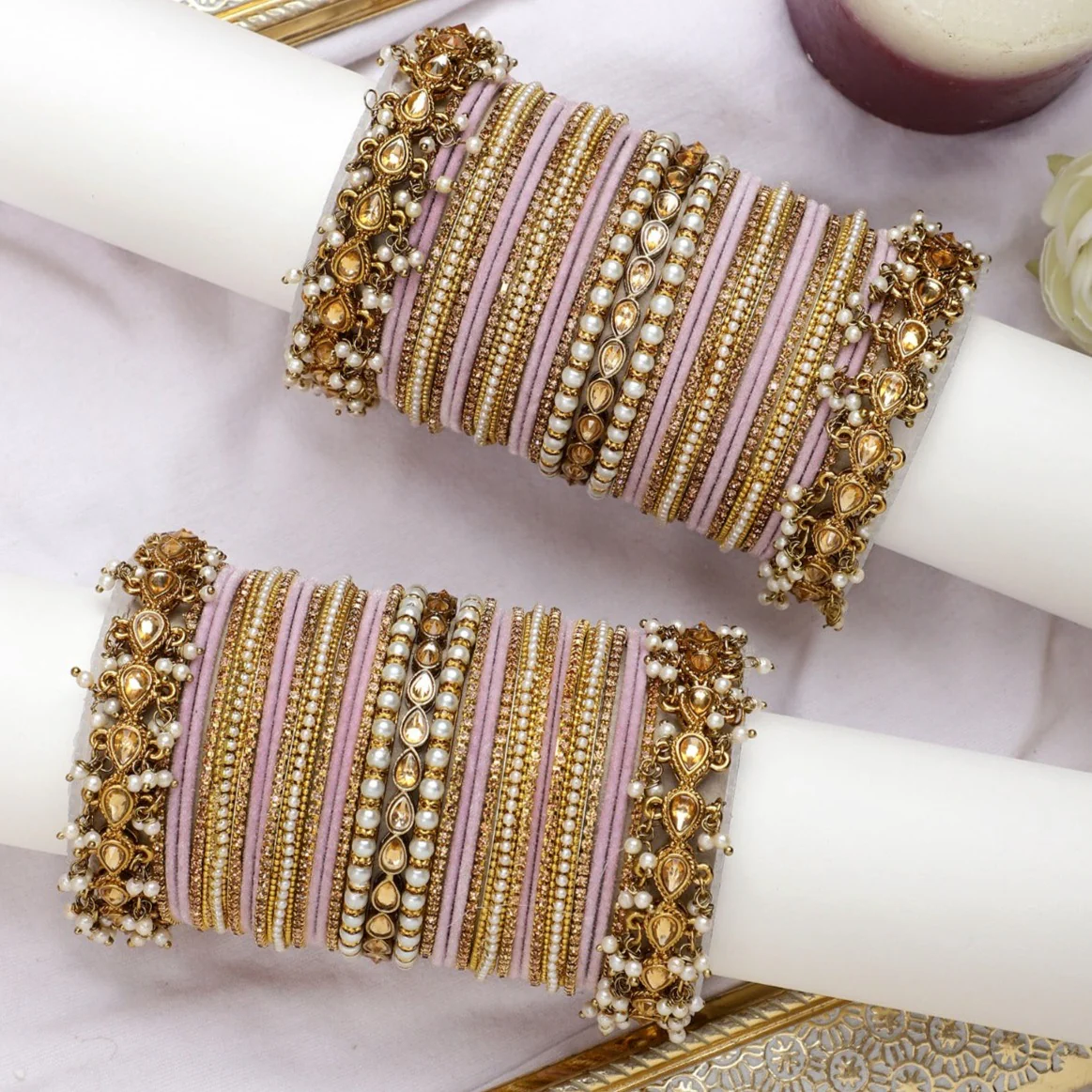 Bridal Bangle set with Pearl and Kundan and Velvet Bangles