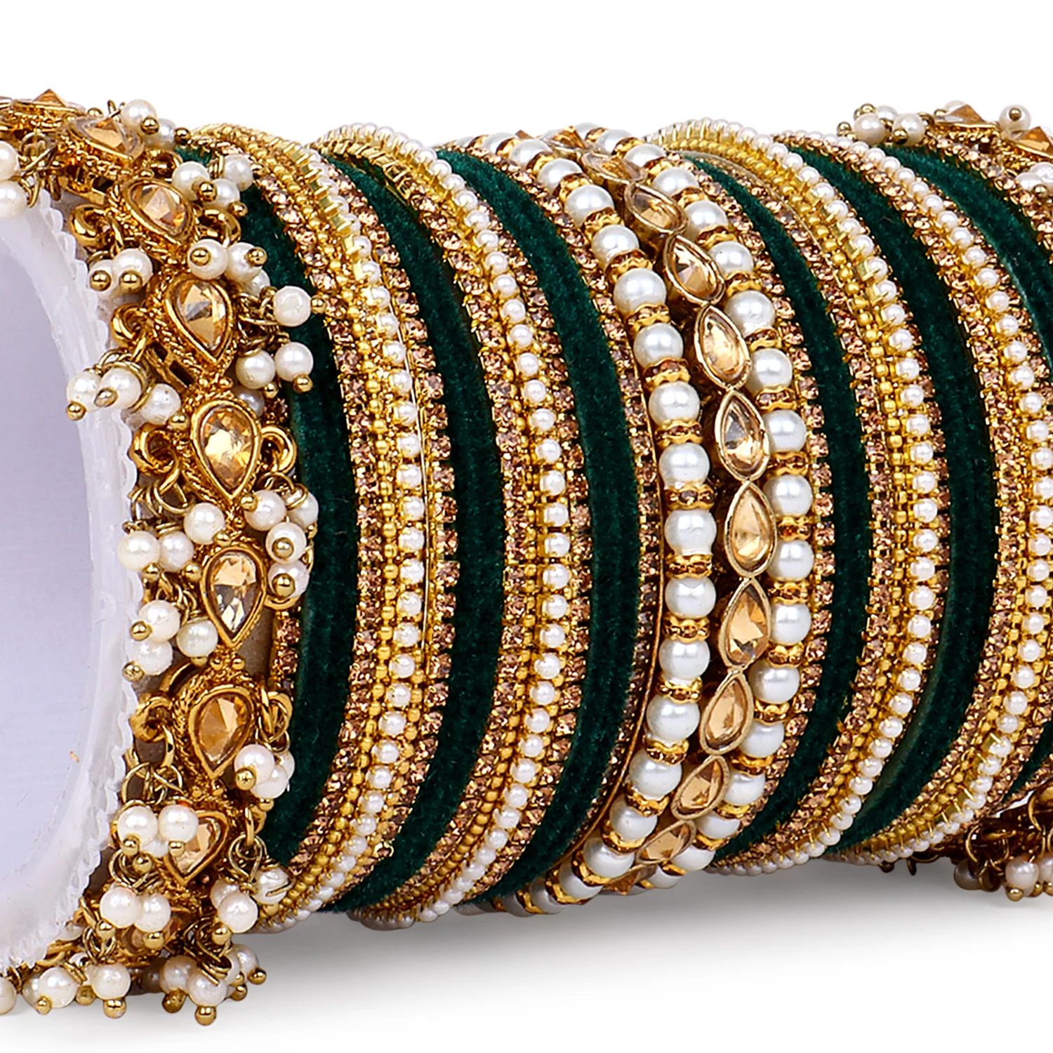 Bridal Bangle set with Pearl and Kundan and Velvet Bangles - Image 10