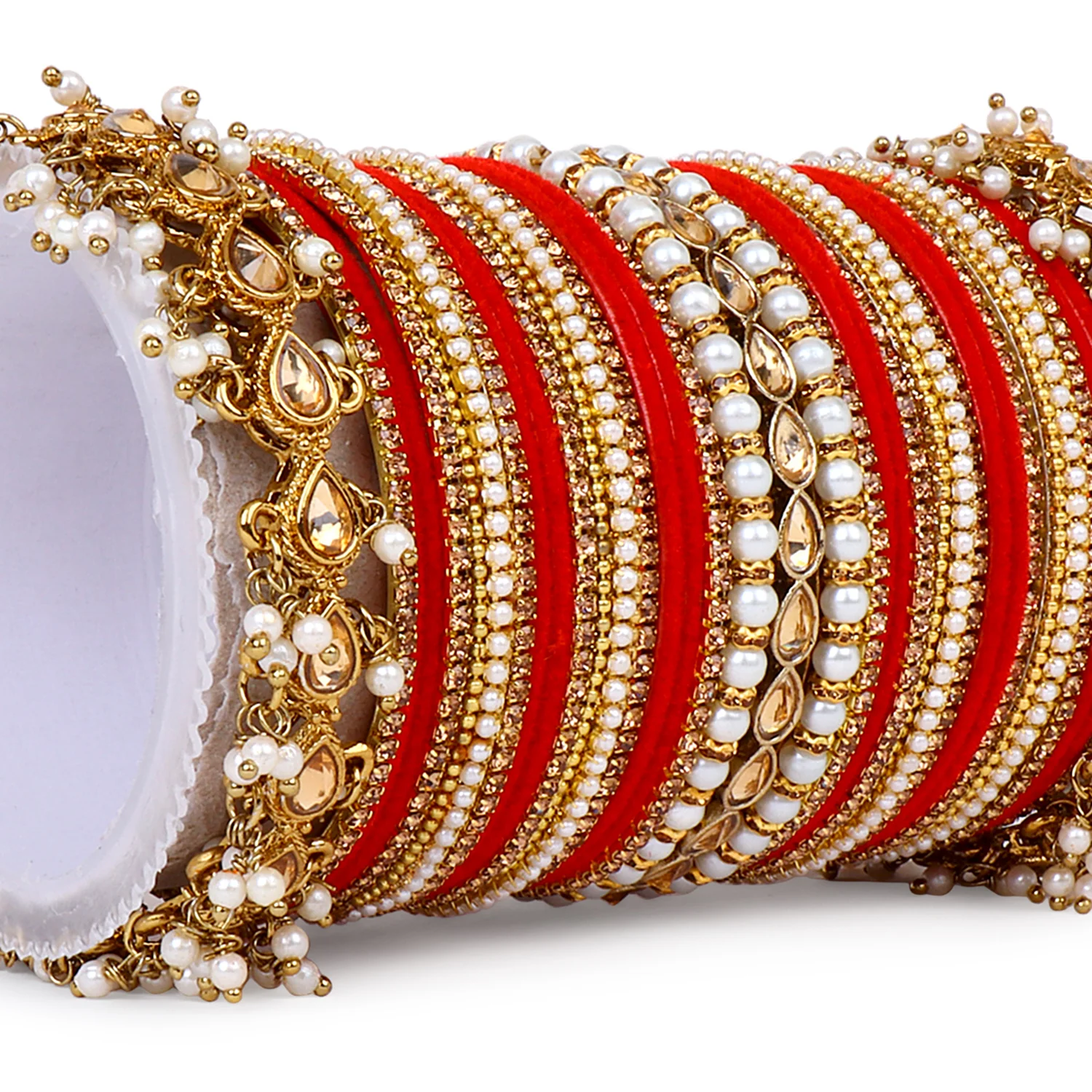 Bridal Bangle set with Pearl and Kundan and Velvet Bangles - Image 16