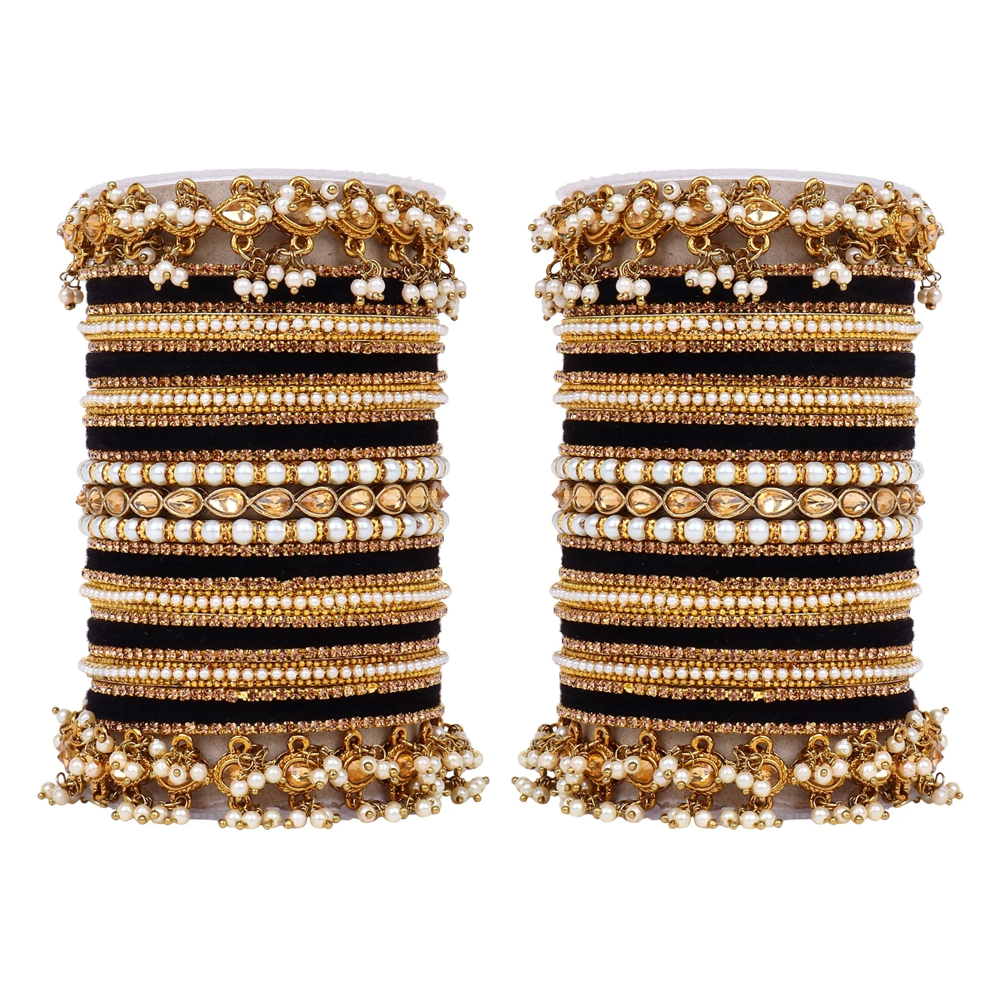 Bridal Bangle set with Pearl and Kundan and Velvet Bangles - Image 6