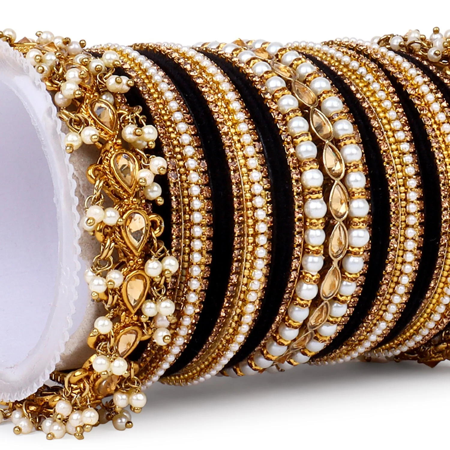 Bridal Bangle set with Pearl and Kundan and Velvet Bangles - Image 9