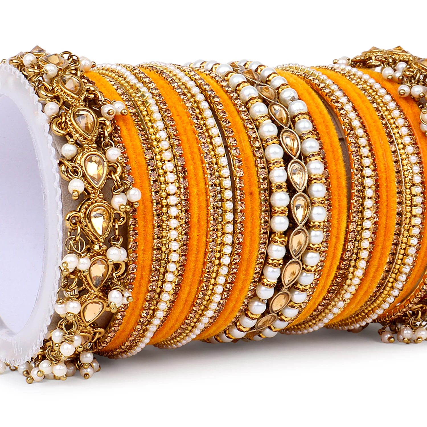 Bridal Bangle set with Pearl and Kundan and Velvet Bangles - Image 8