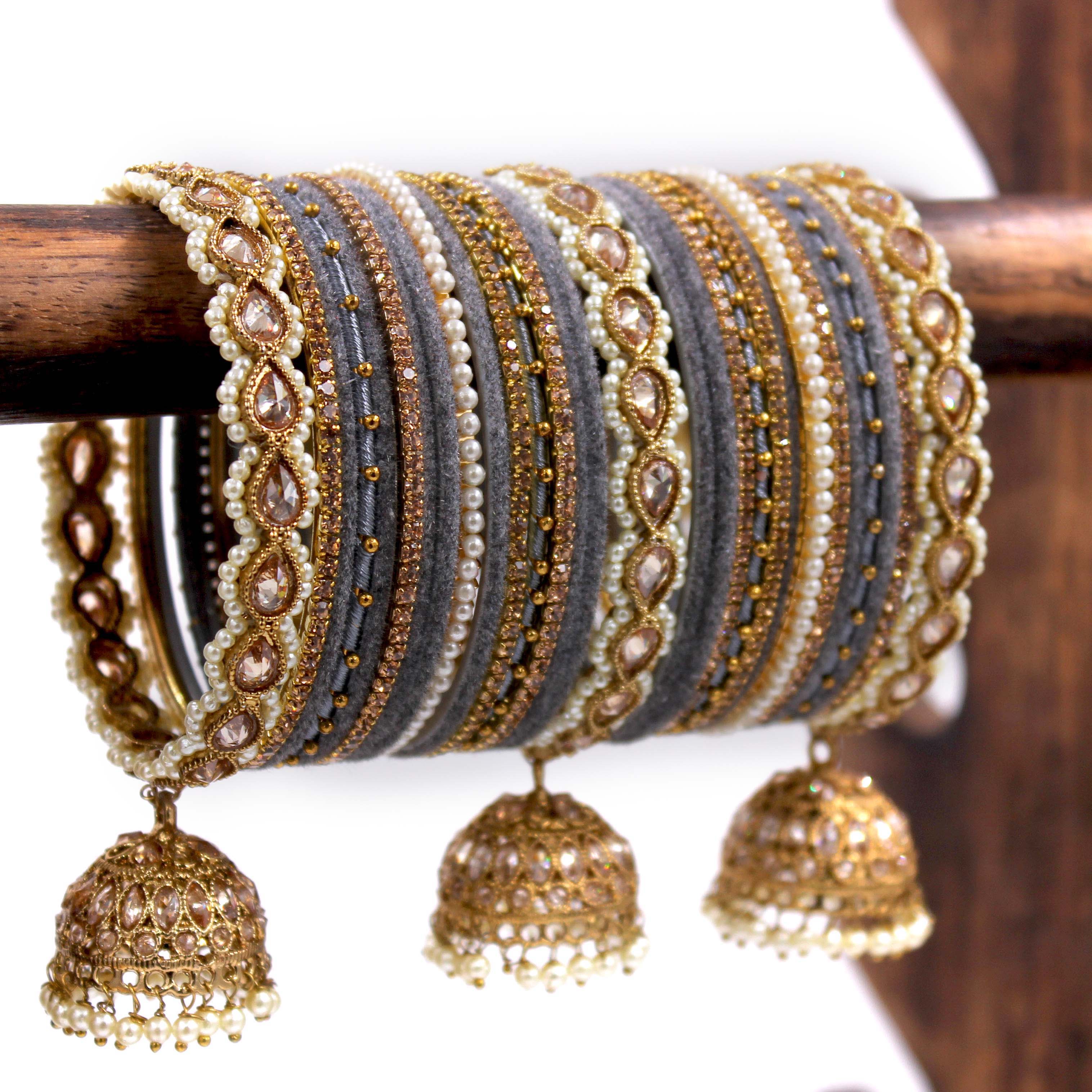 Bridal Tri-Jhumki Bangle Set with Velvet Bangles by Leshya - Image 11
