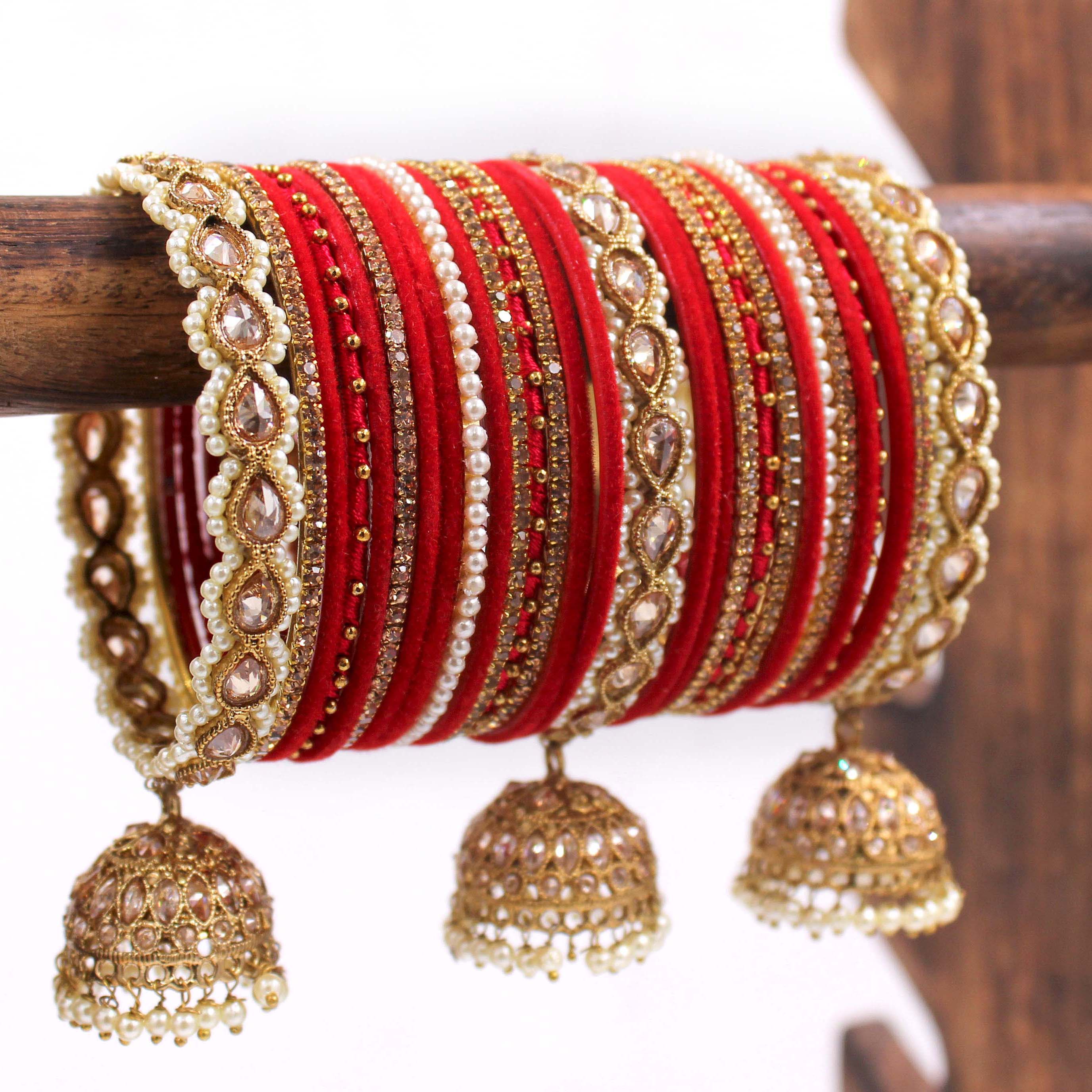 Bridal Tri-Jhumki Bangle Set with Velvet Bangles by Leshya - Image 4