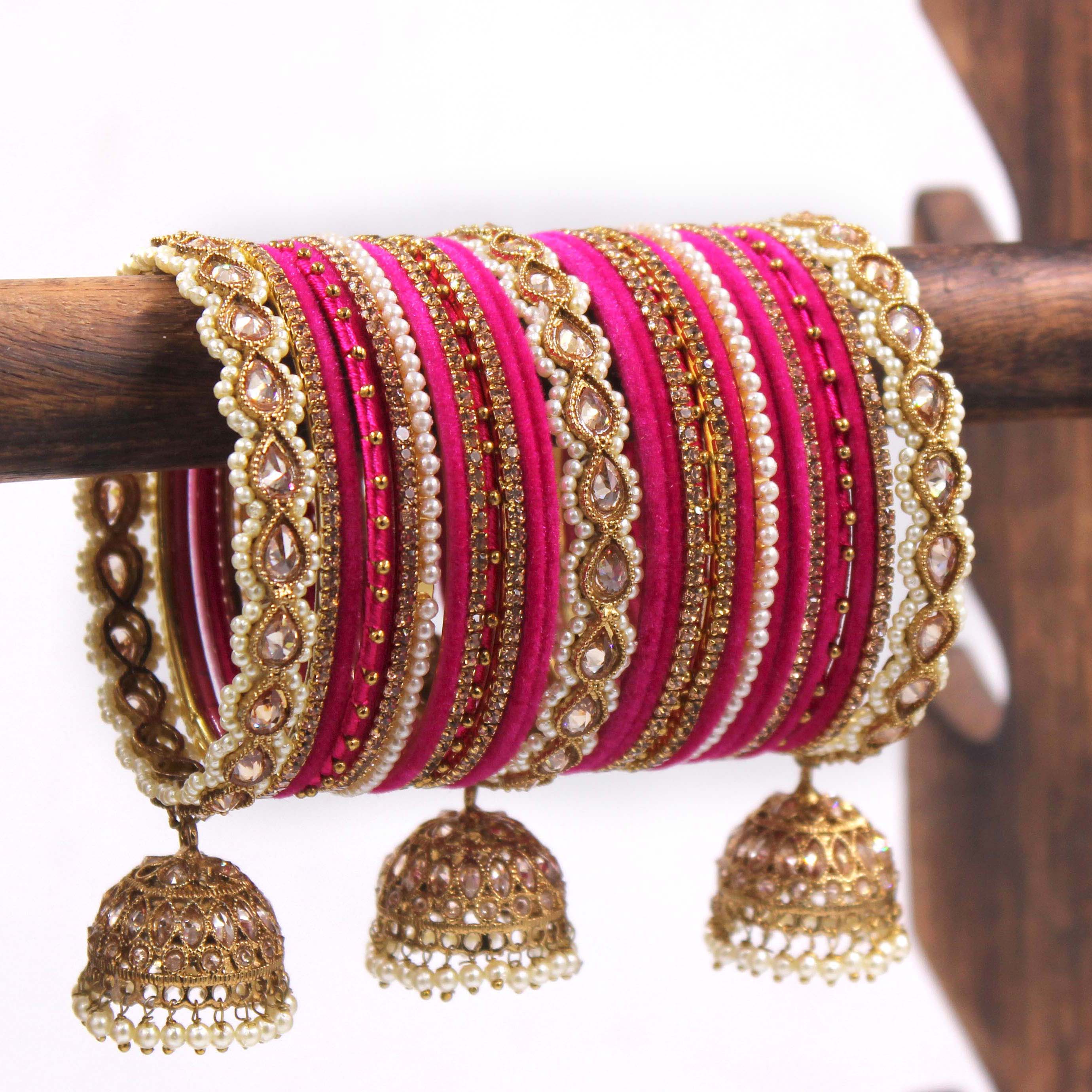 Bridal Tri-Jhumki Bangle Set with Velvet Bangles by Leshya - Image 5