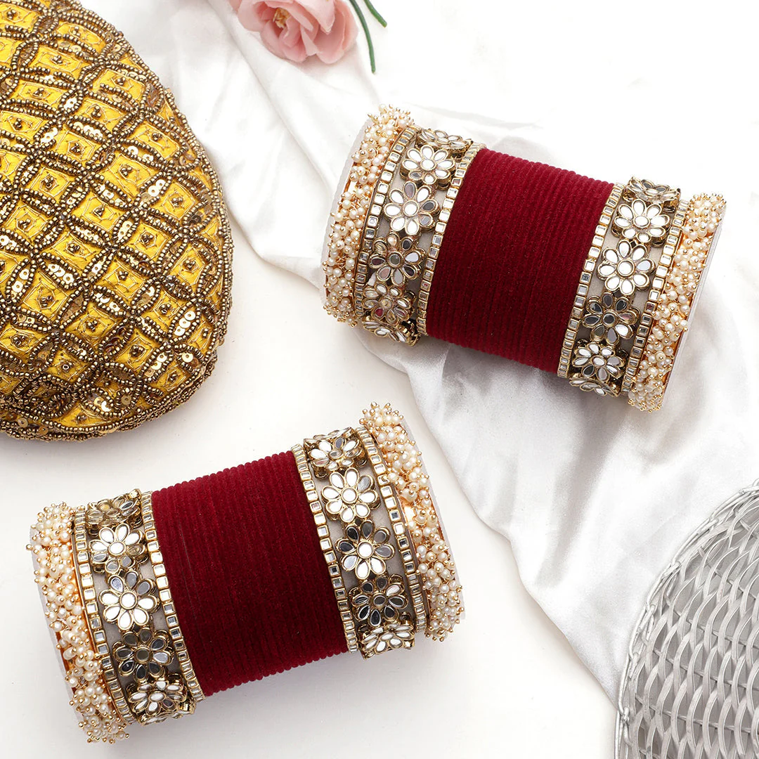 Flower Mirror Bangle Set with Velvet Bangles by Leshya - Image 4