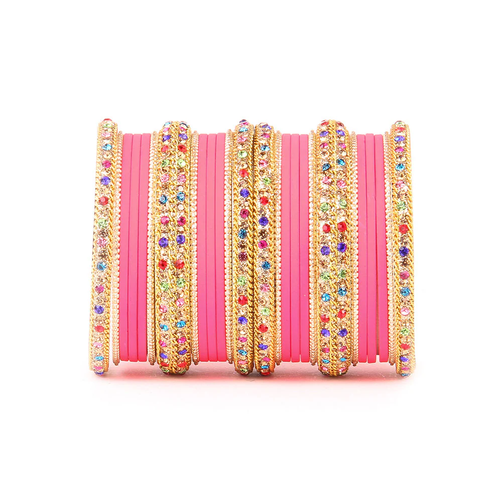 Golden Kada With Multi-Colored Stones And Matte Finish Bangle Set For Women
