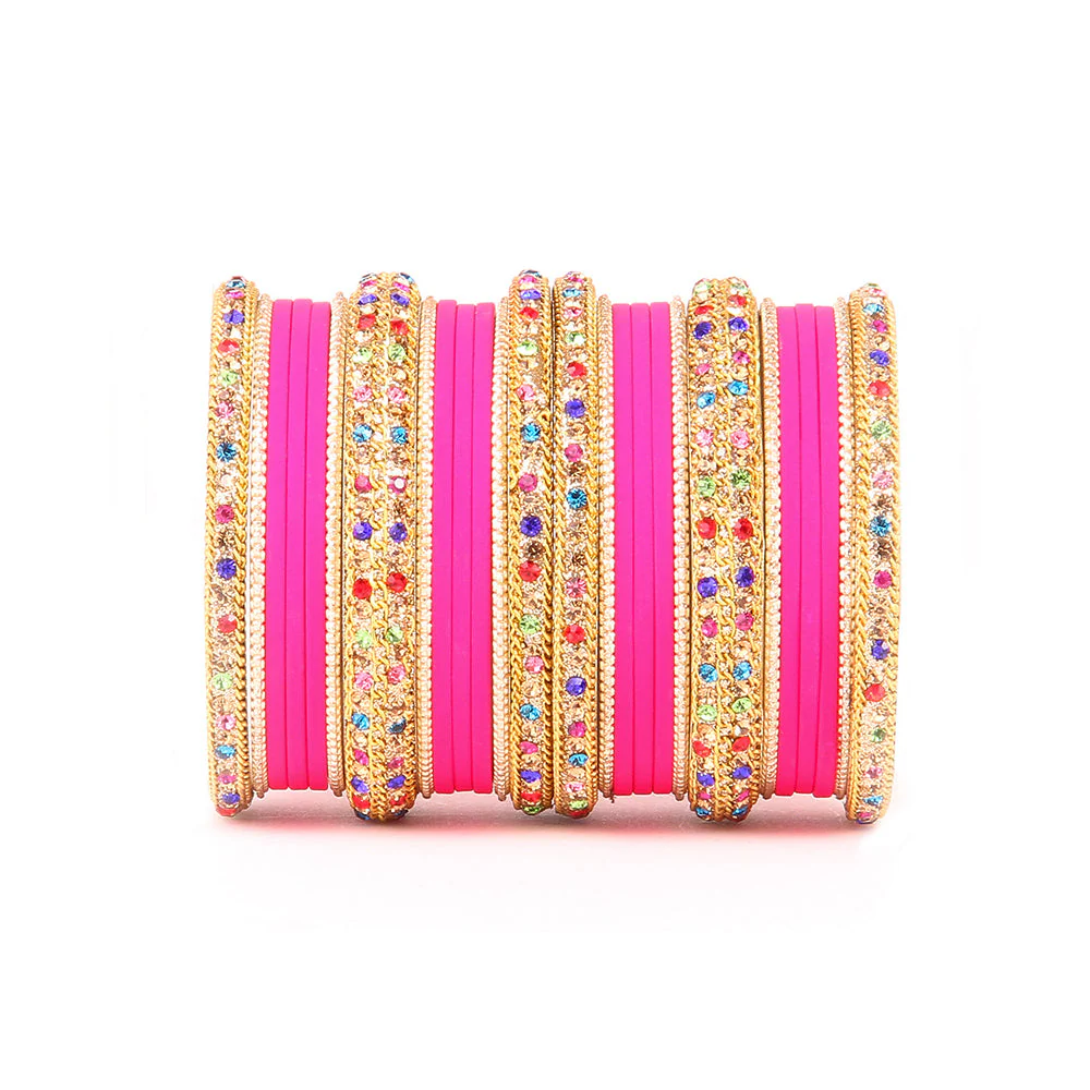 Golden Kada With Multi-Colored Stones And Matte Finish Bangle Set For Women - Image 3