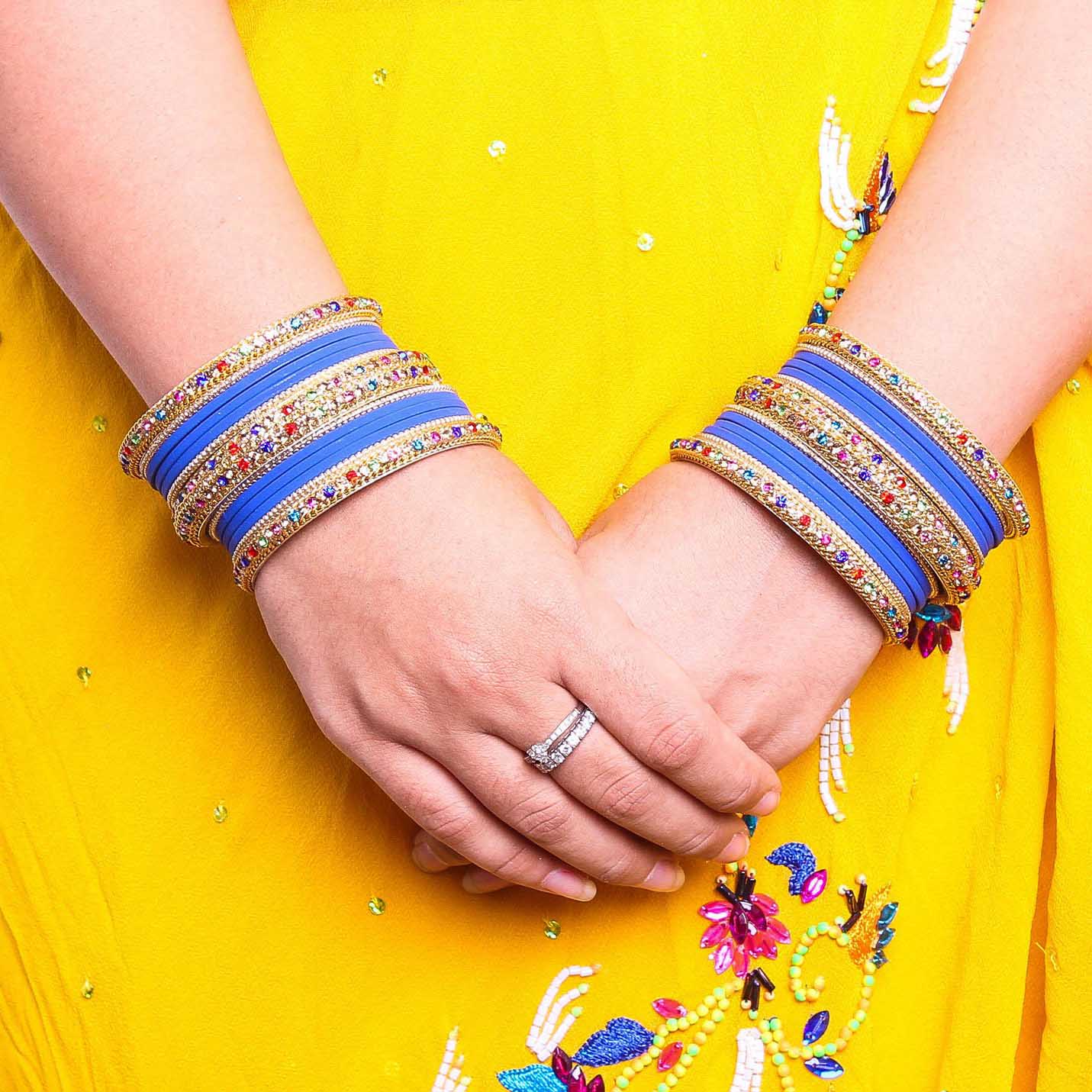 Golden Kada With Multi-Colored Stones And Matte Finish Bangle Set For Women - Image 8