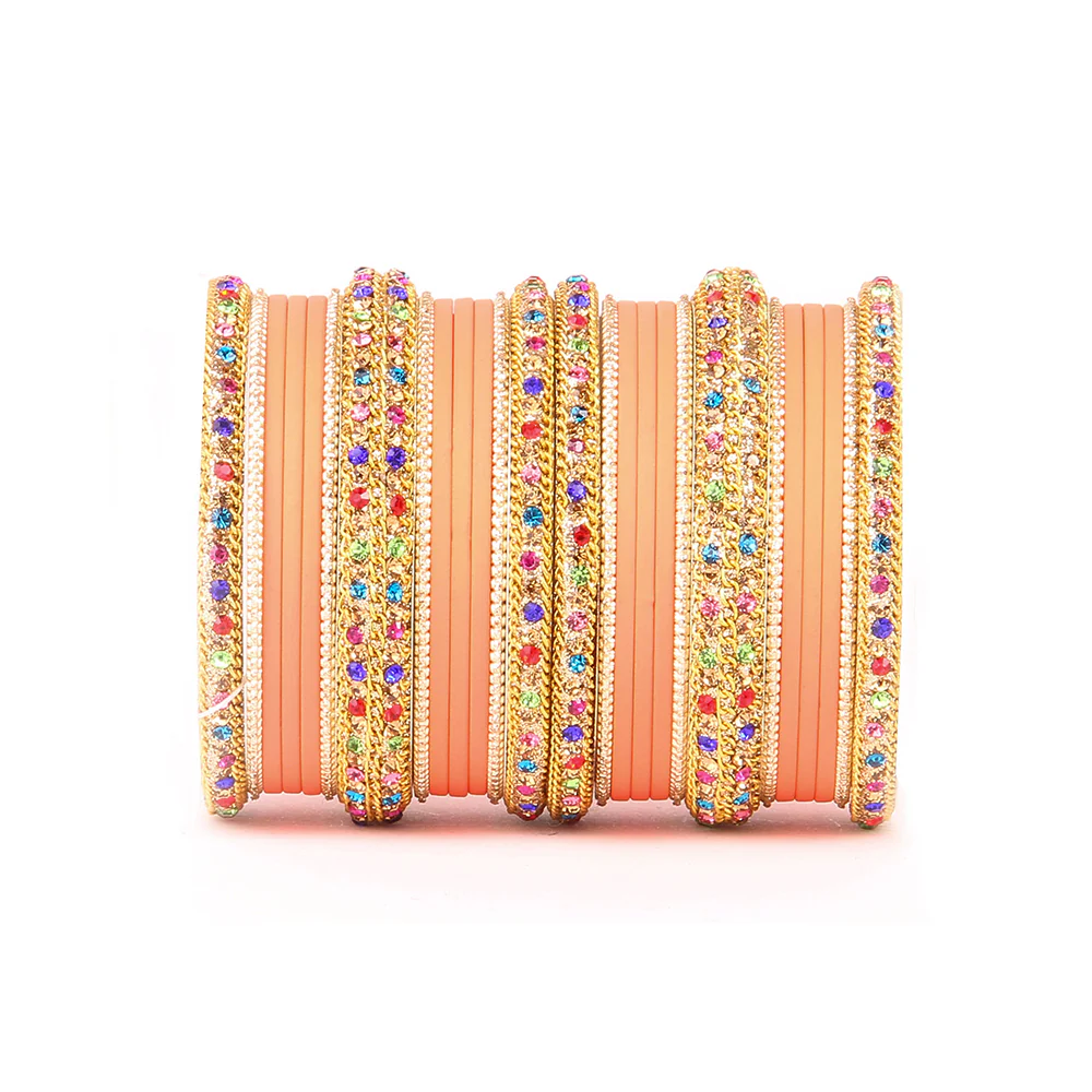 Golden Kada With Multi-Colored Stones And Matte Finish Bangle Set For Women