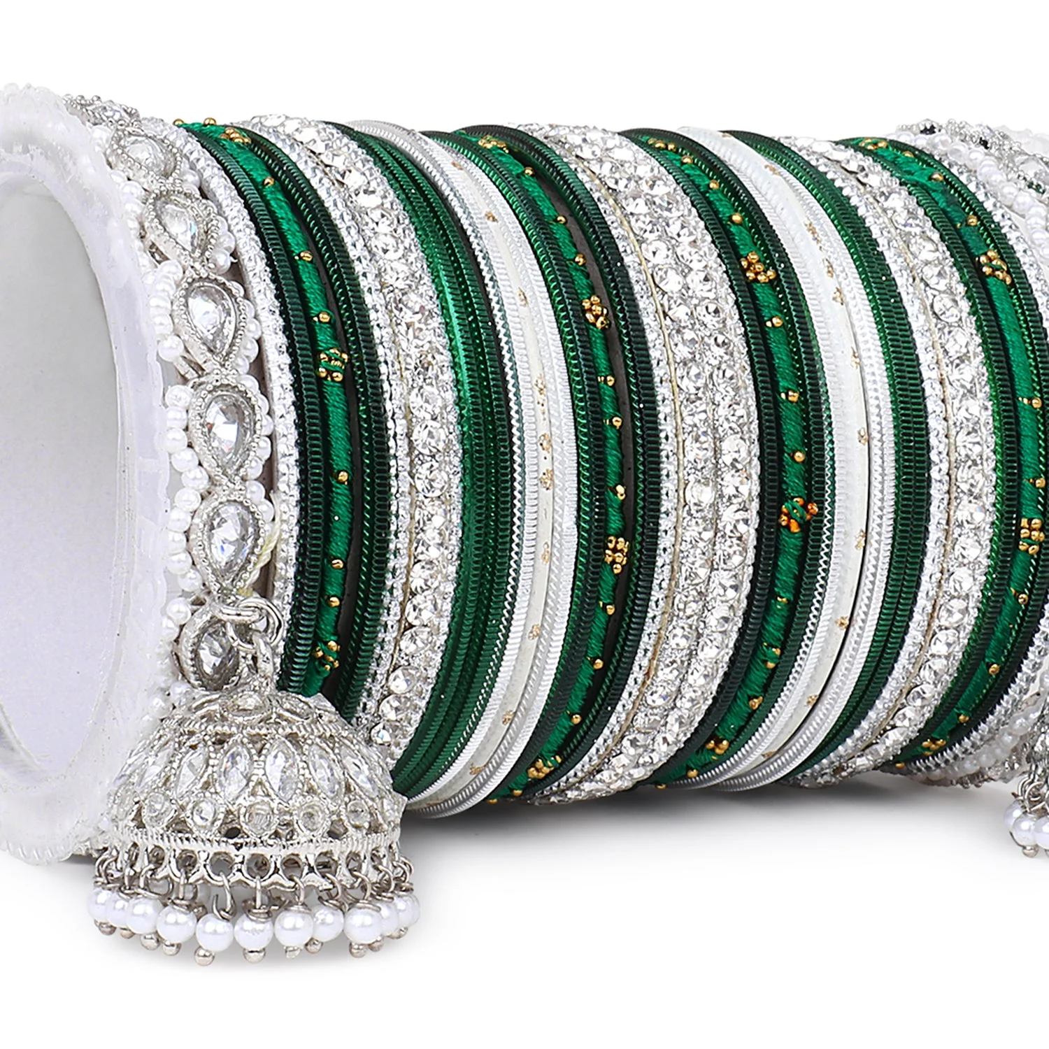 Pastel Coloured Bridal Bangle set with Silver kundan Jhumki - Image 3