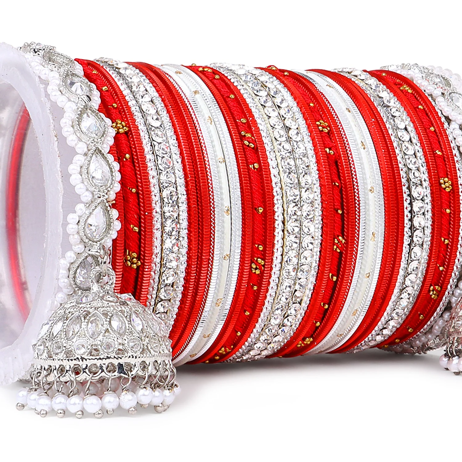 Pastel Coloured Bridal Bangle set with Silver kundan Jhumki - Image 16