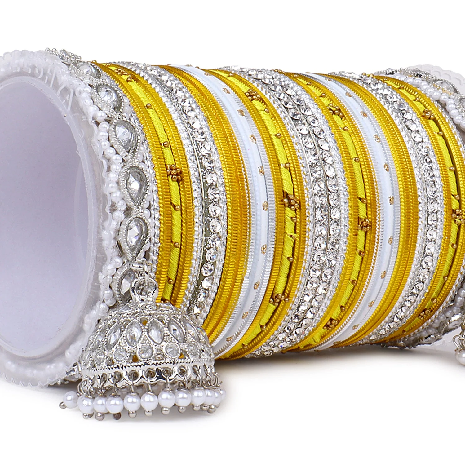 Pastel Coloured Bridal Bangle set with Silver kundan Jhumki - Image 19