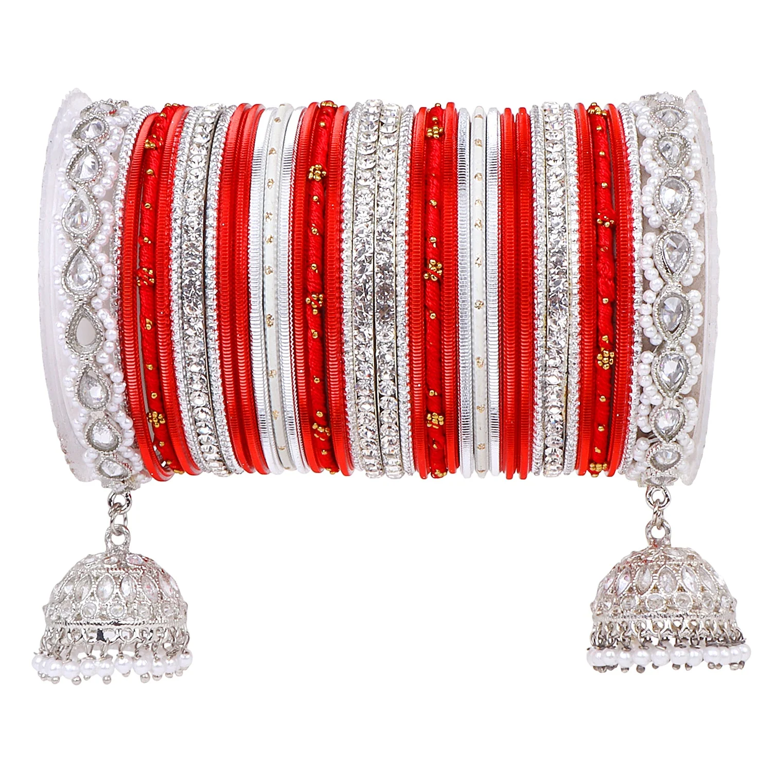 Pastel Coloured Bridal Bangle set with Silver kundan Jhumki - Image 2