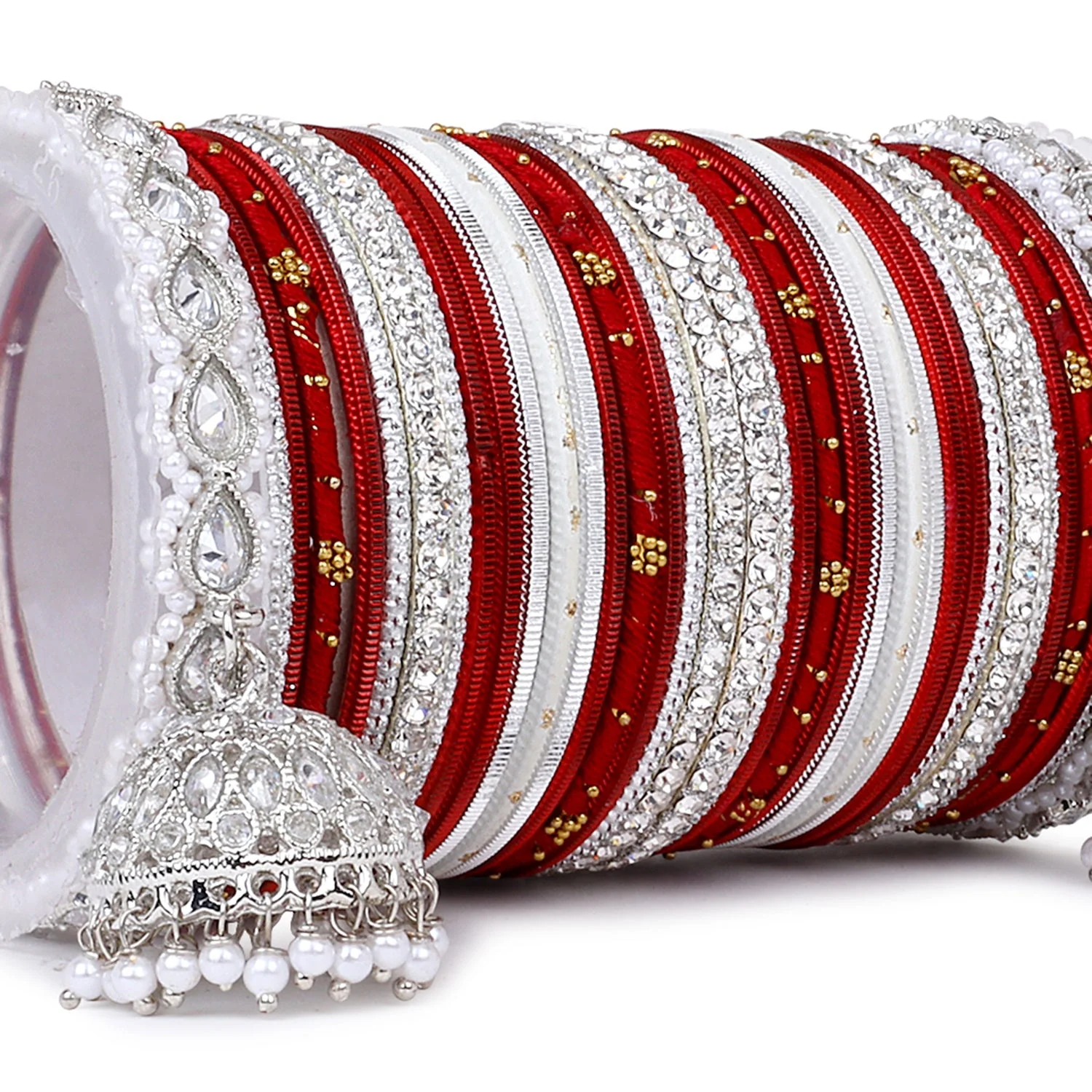 Pastel Coloured Bridal Bangle set with Silver kundan Jhumki - Image 13