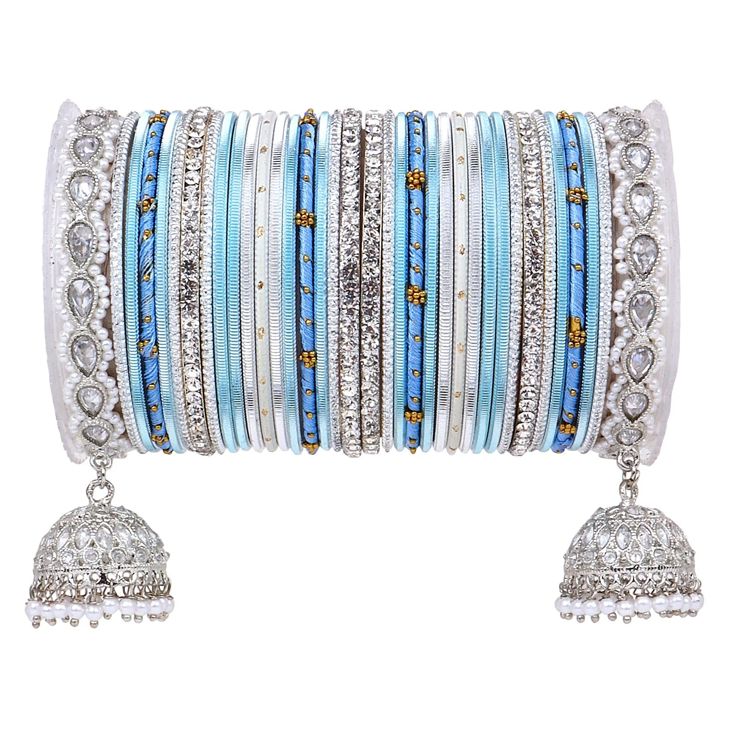 Pastel Coloured Bridal Bangle set with Silver kundan Jhumki - Image 15