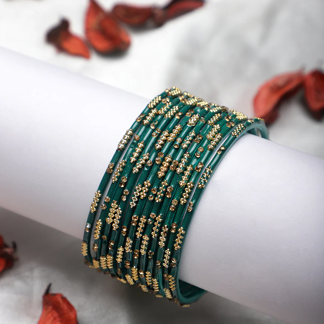 Set of 16 Plain Meenakari Bangles with Golden Stones by Leshya