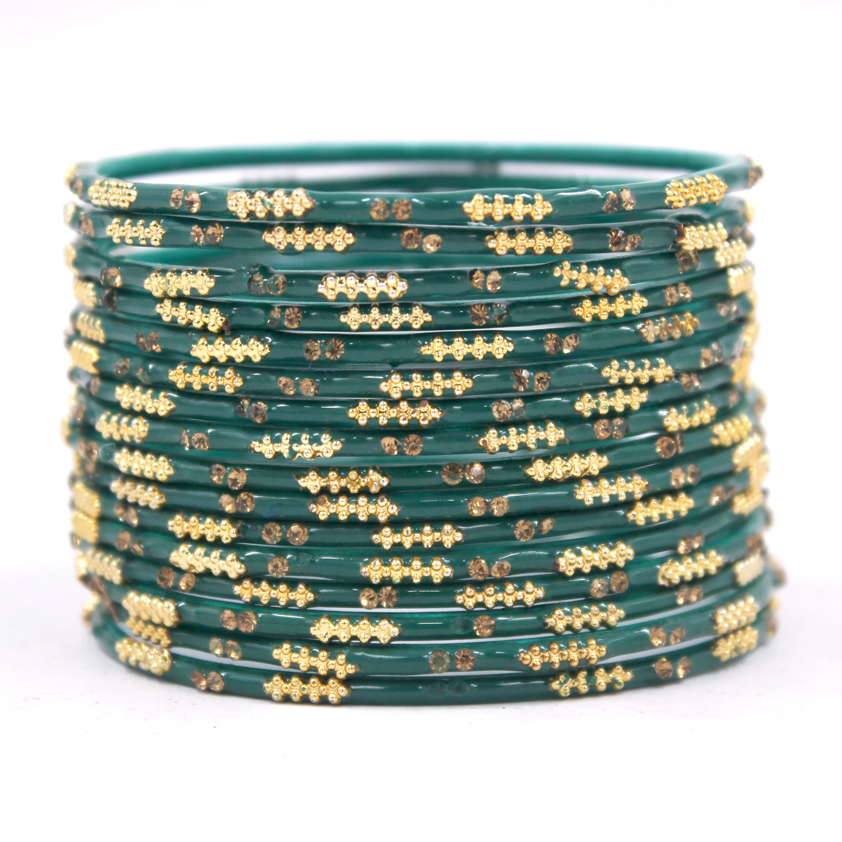 Set of 16 Plain Meenakari Bangles with Golden Stones by Leshya - Image 2