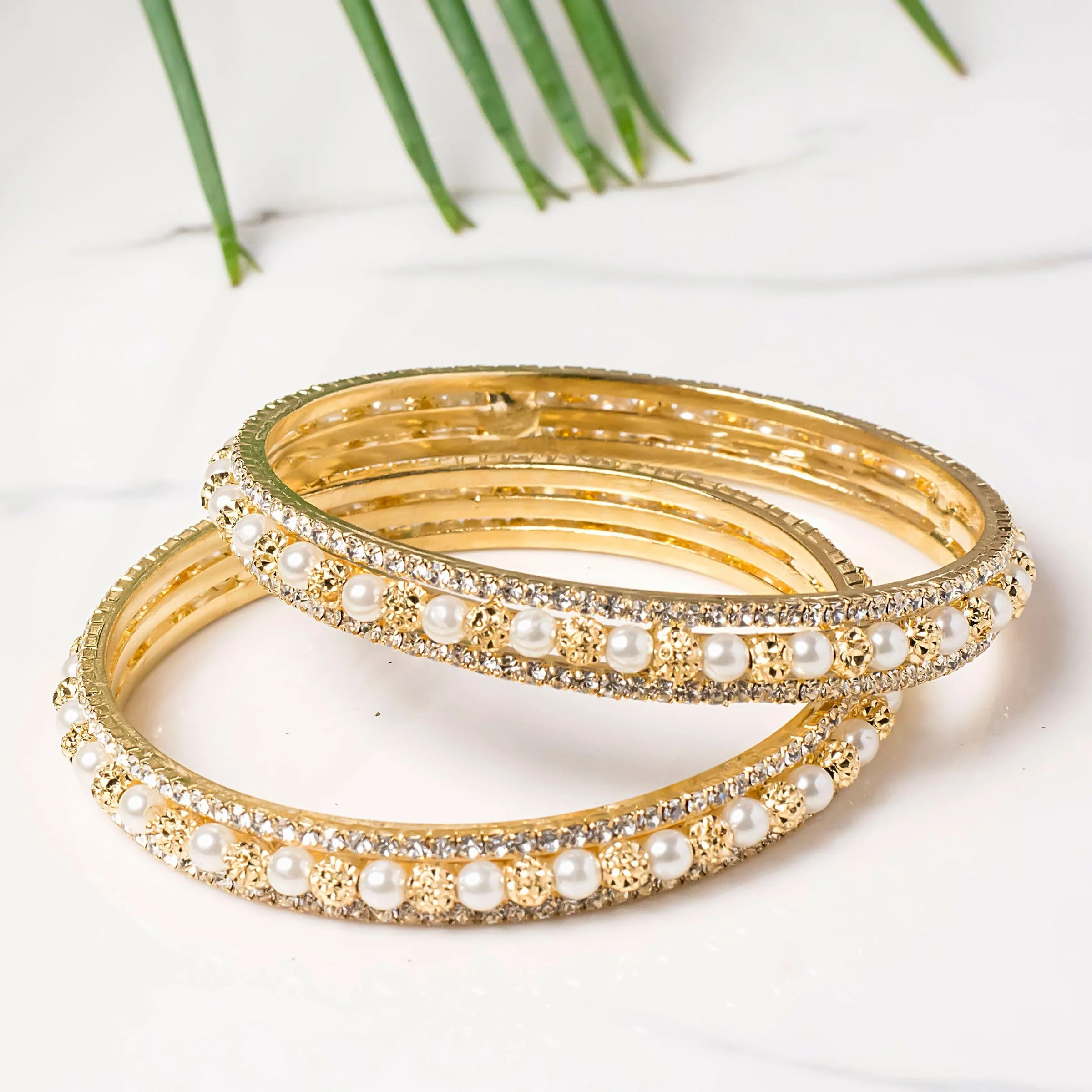 Set of 2 Pearl Bracelets with Antique Golden Beads and Stonework.