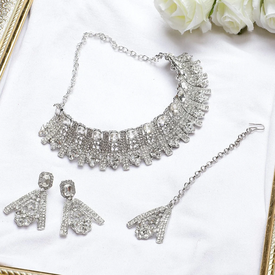 Silver Oxidized Necklace with Earring and Maang Tikka by Leshya