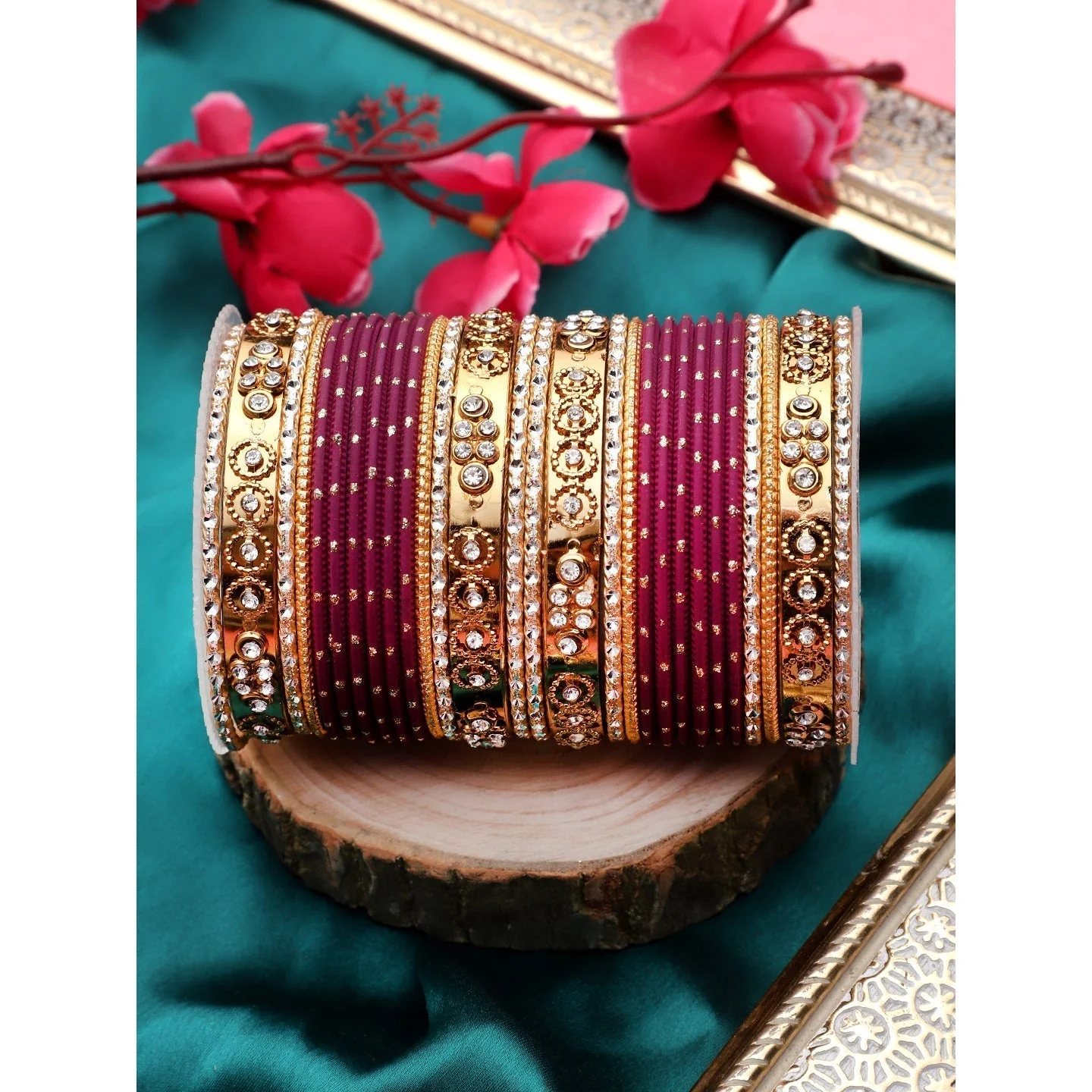 Traditional Bangle Set With Golden Dotted Bangles - Image 9