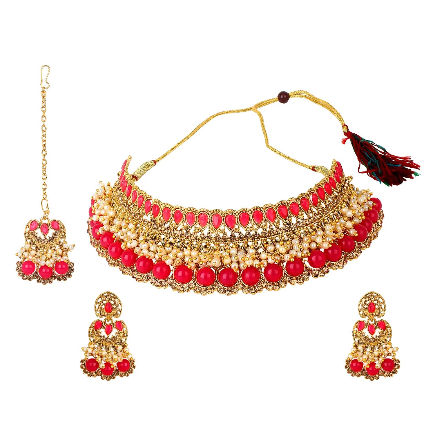 Traditional Golden Stone and Pearl Bangle Set by Leshya