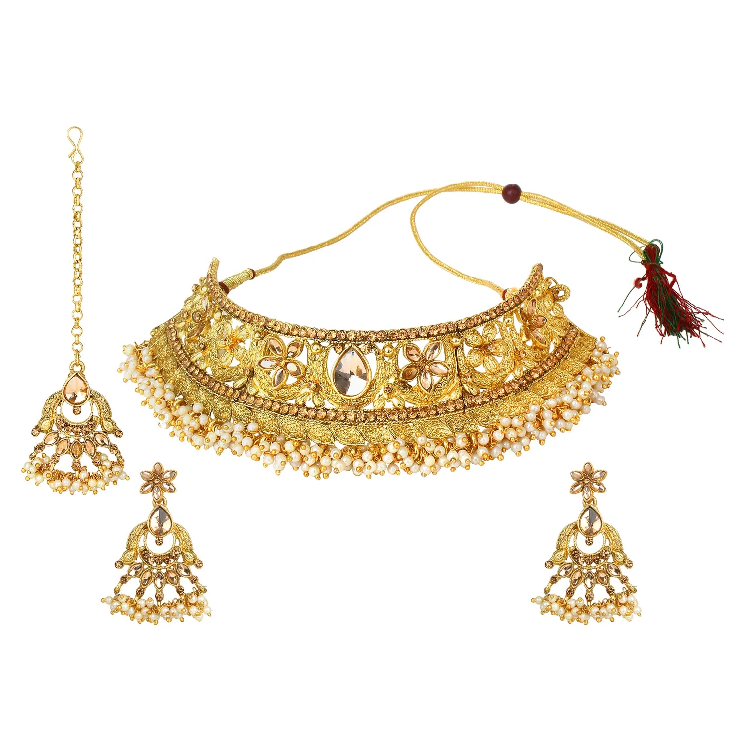 Traditional Golden Stone Jewellery Set with gajra Border by Leshya