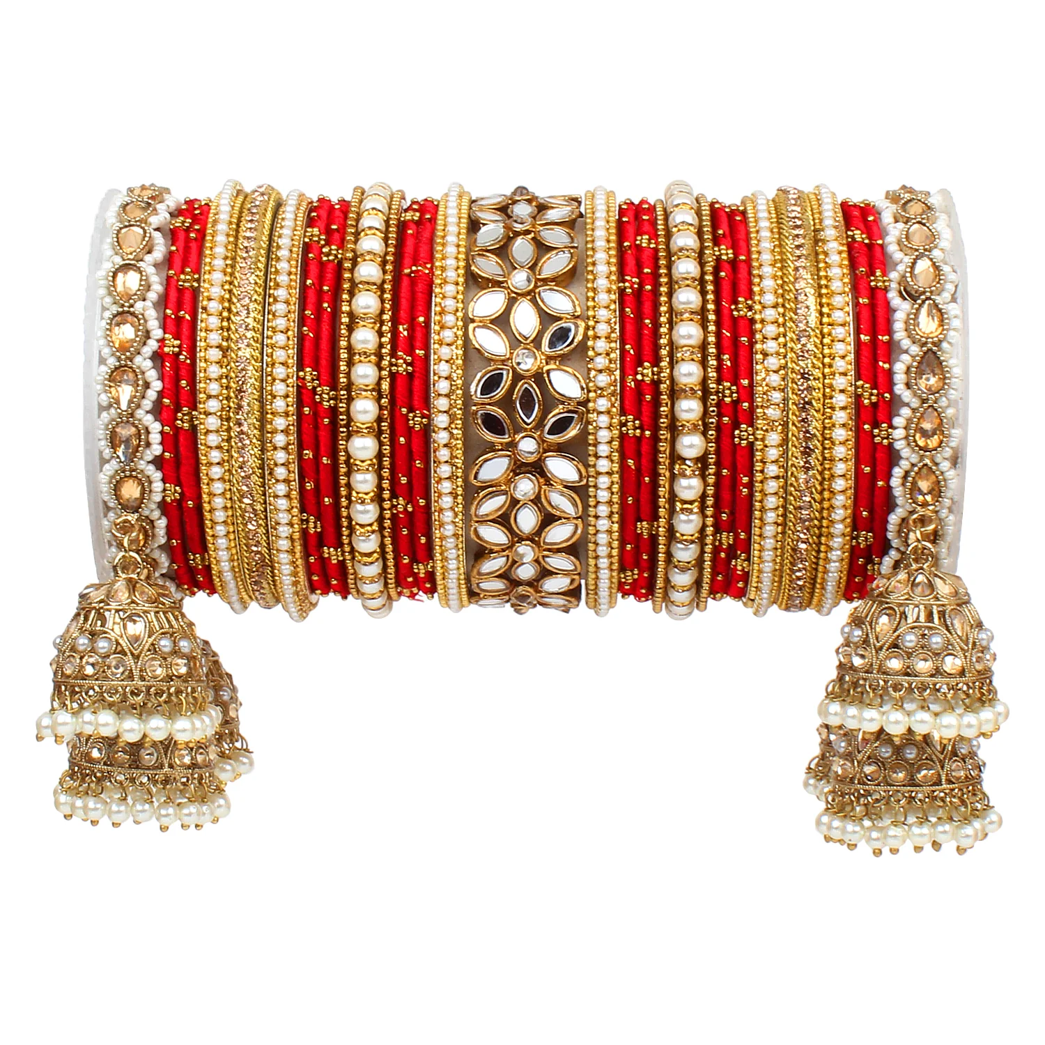 Traditional Jhumki Bangle Set with Thread Bangles and Mirror Kada - Image 10