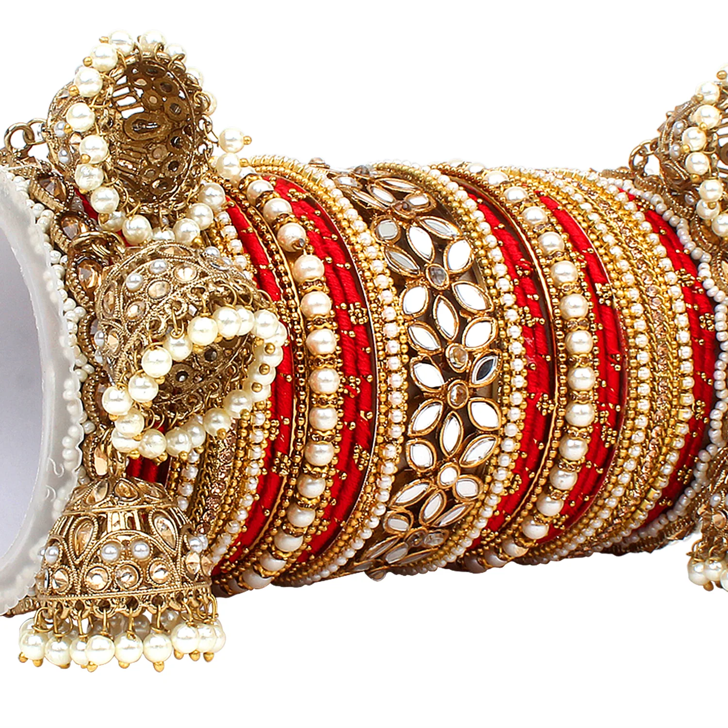 Traditional Jhumki Bangle Set with Thread Bangles and Mirror Kada - Image 11
