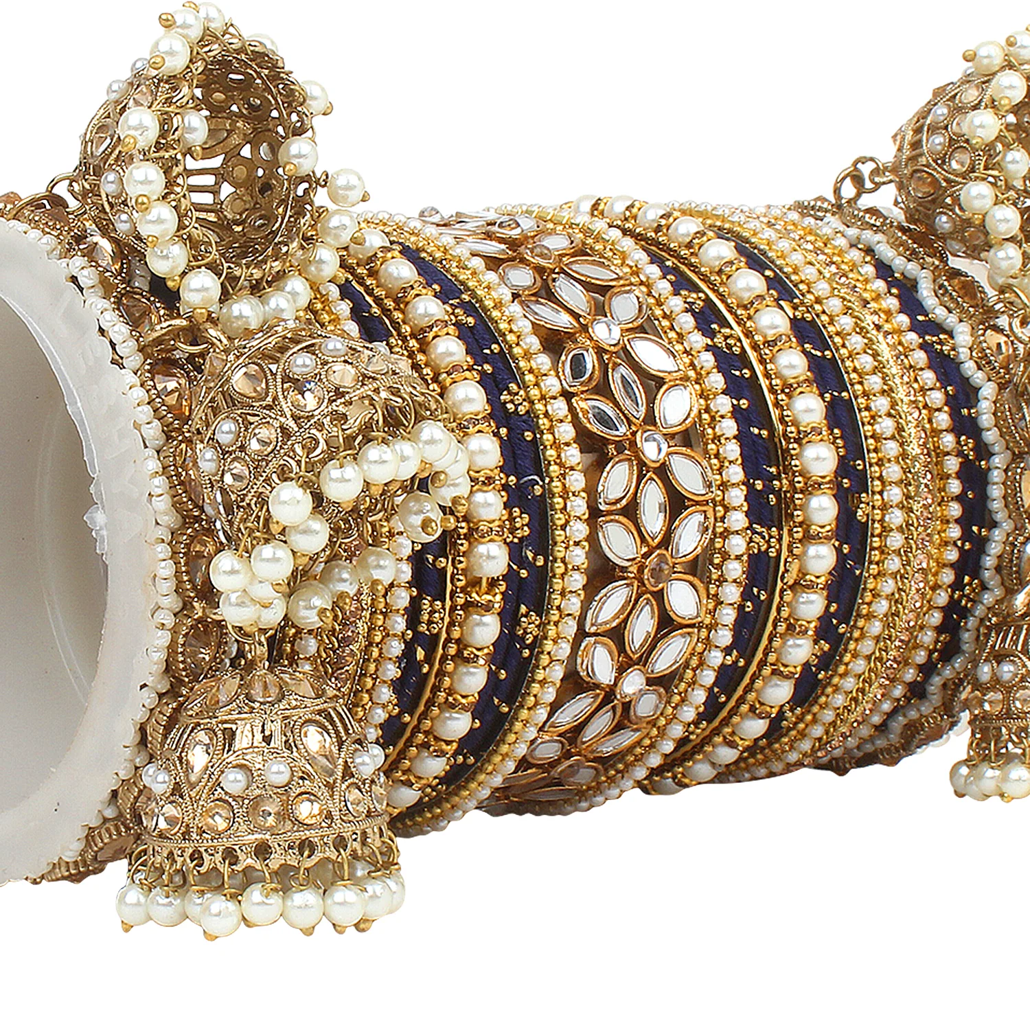 Traditional Jhumki Bangle Set with Thread Bangles and Mirror Kada - Image 14