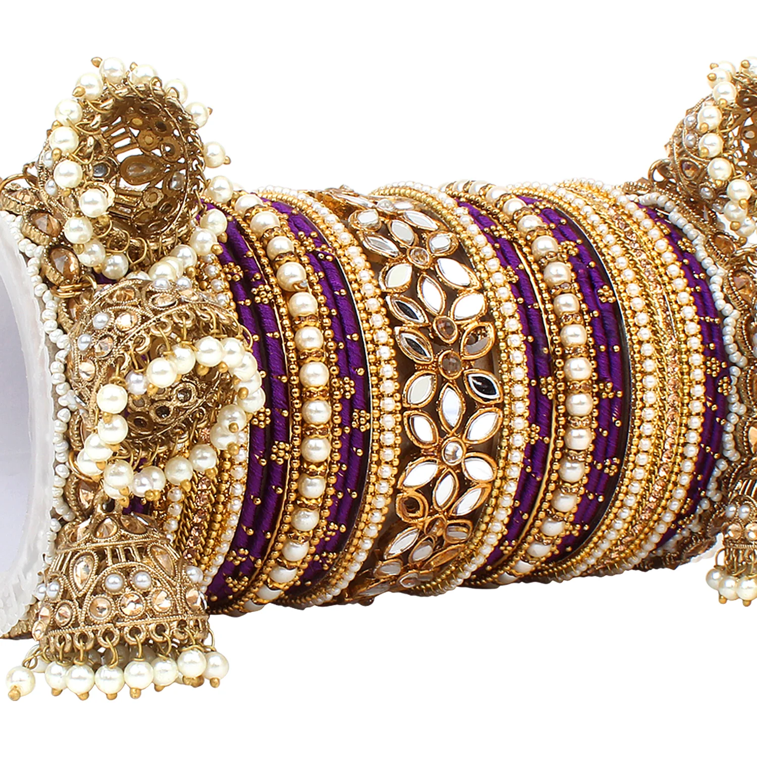 Traditional Jhumki Bangle Set with Thread Bangles and Mirror Kada - Image 17