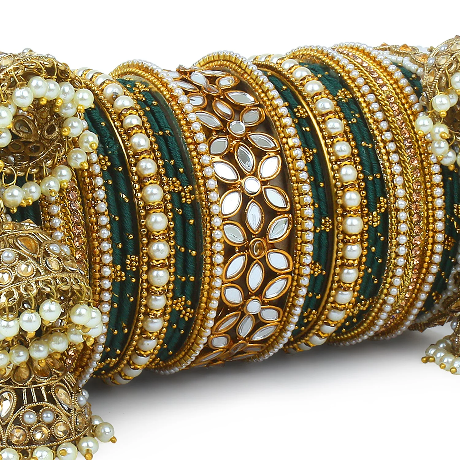 Traditional Jhumki Bangle Set with Thread Bangles and Mirror Kada - Image 6