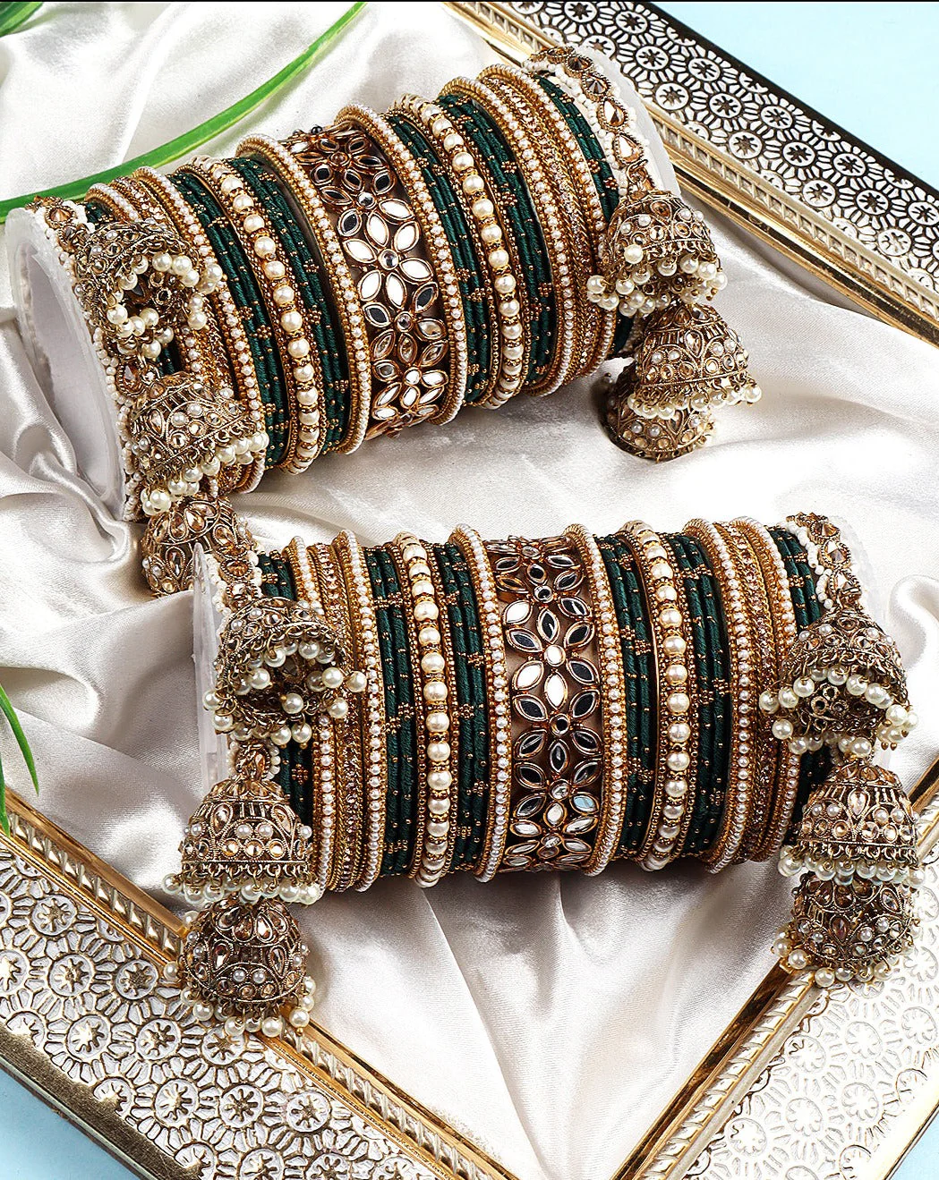 Traditional Jhumki Bangle Set with Thread Bangles and Mirror Kada - Image 10