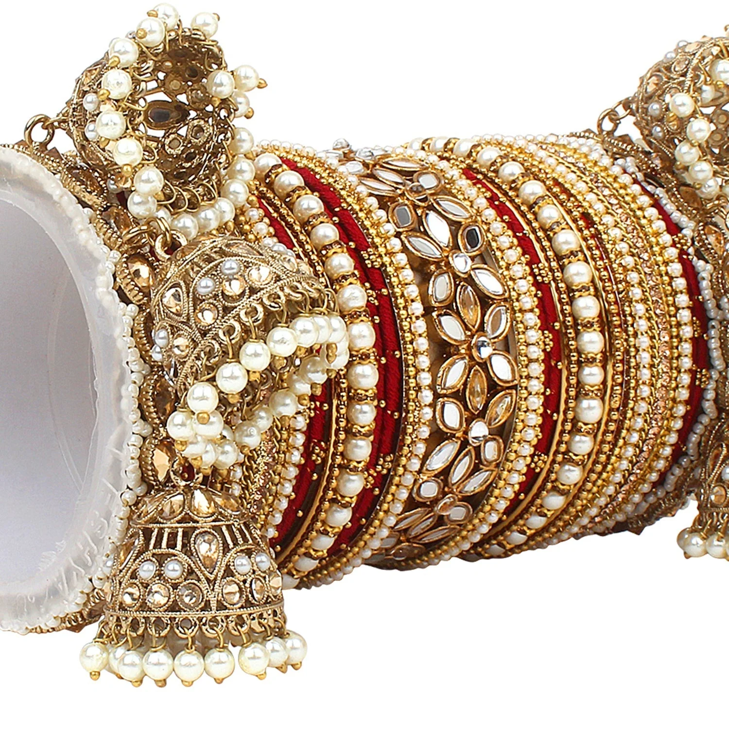 Traditional Jhumki Bangle Set with Thread Bangles and Mirror Kada - Image 3