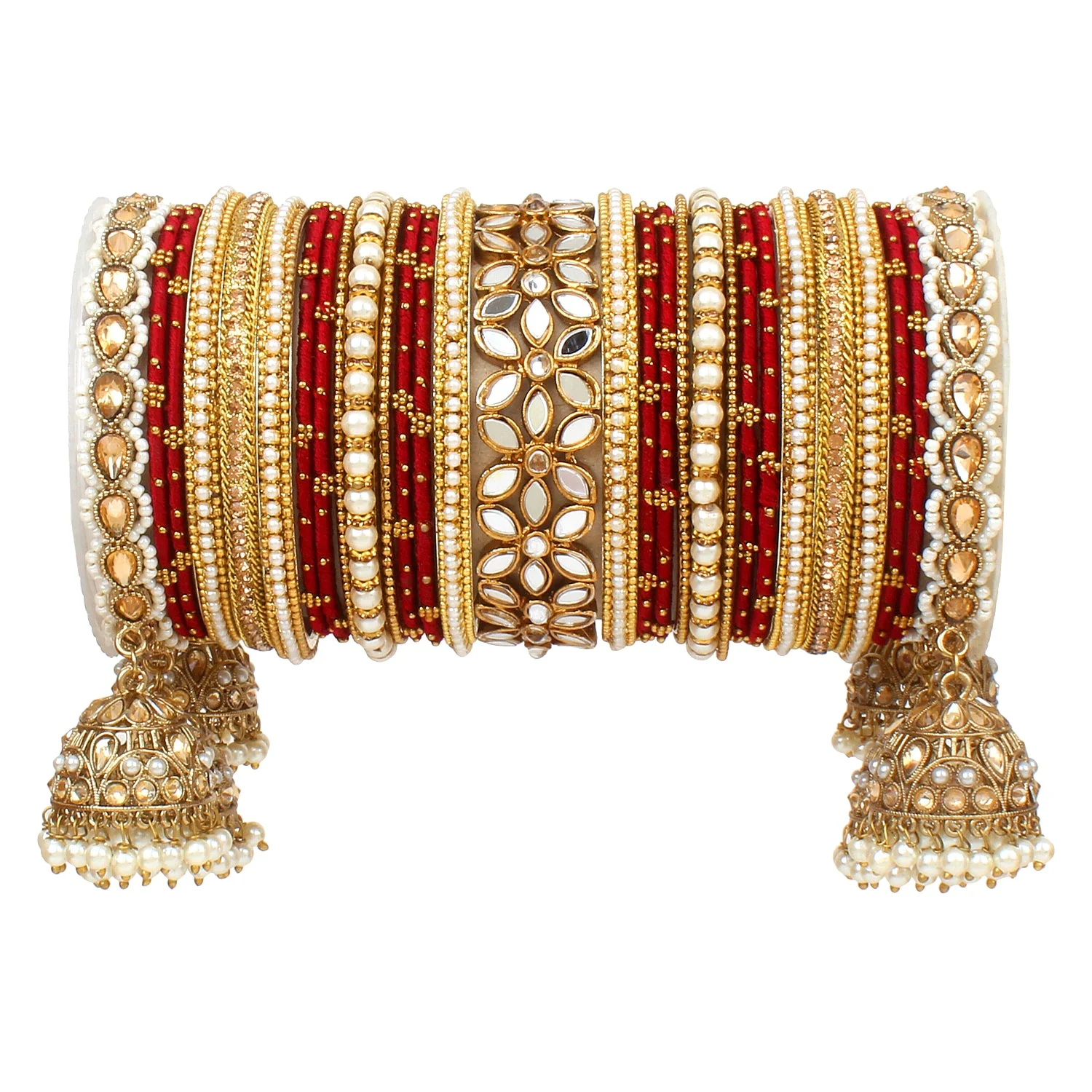 Traditional Jhumki Bangle Set with Thread Bangles and Mirror Kada - Image 10