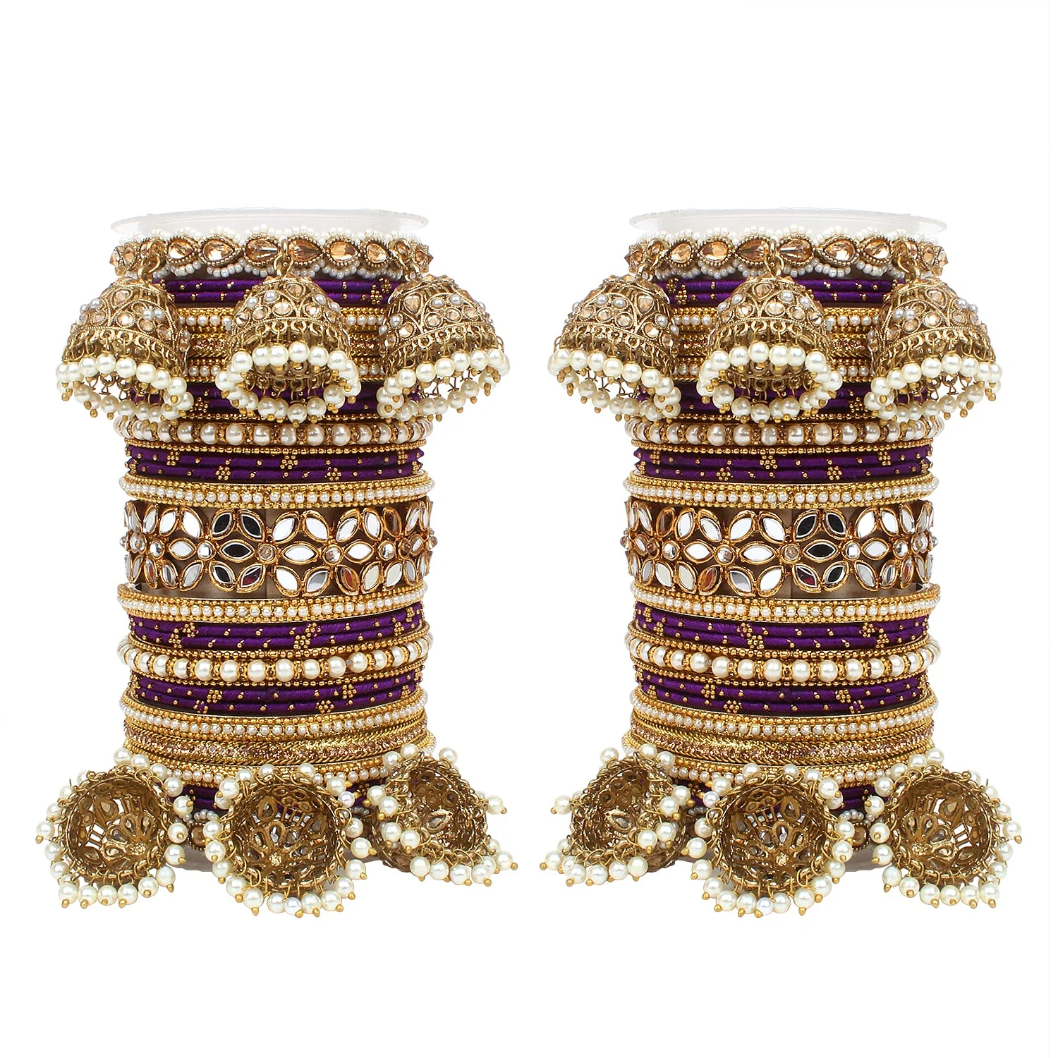 Traditional Jhumki Bangle Set with Thread Bangles and Mirror Kada - Image 18