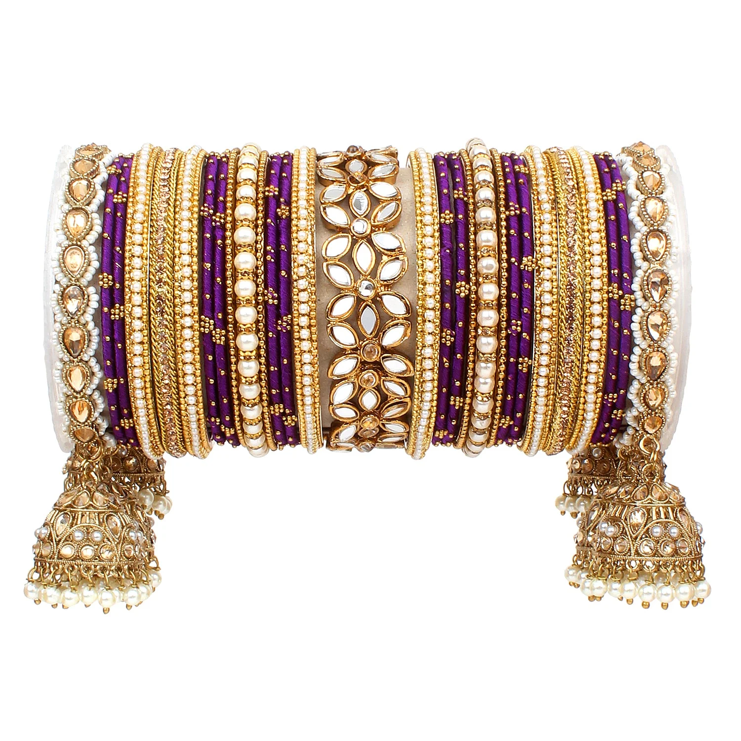Traditional Jhumki Bangle Set with Thread Bangles and Mirror Kada - Image 19