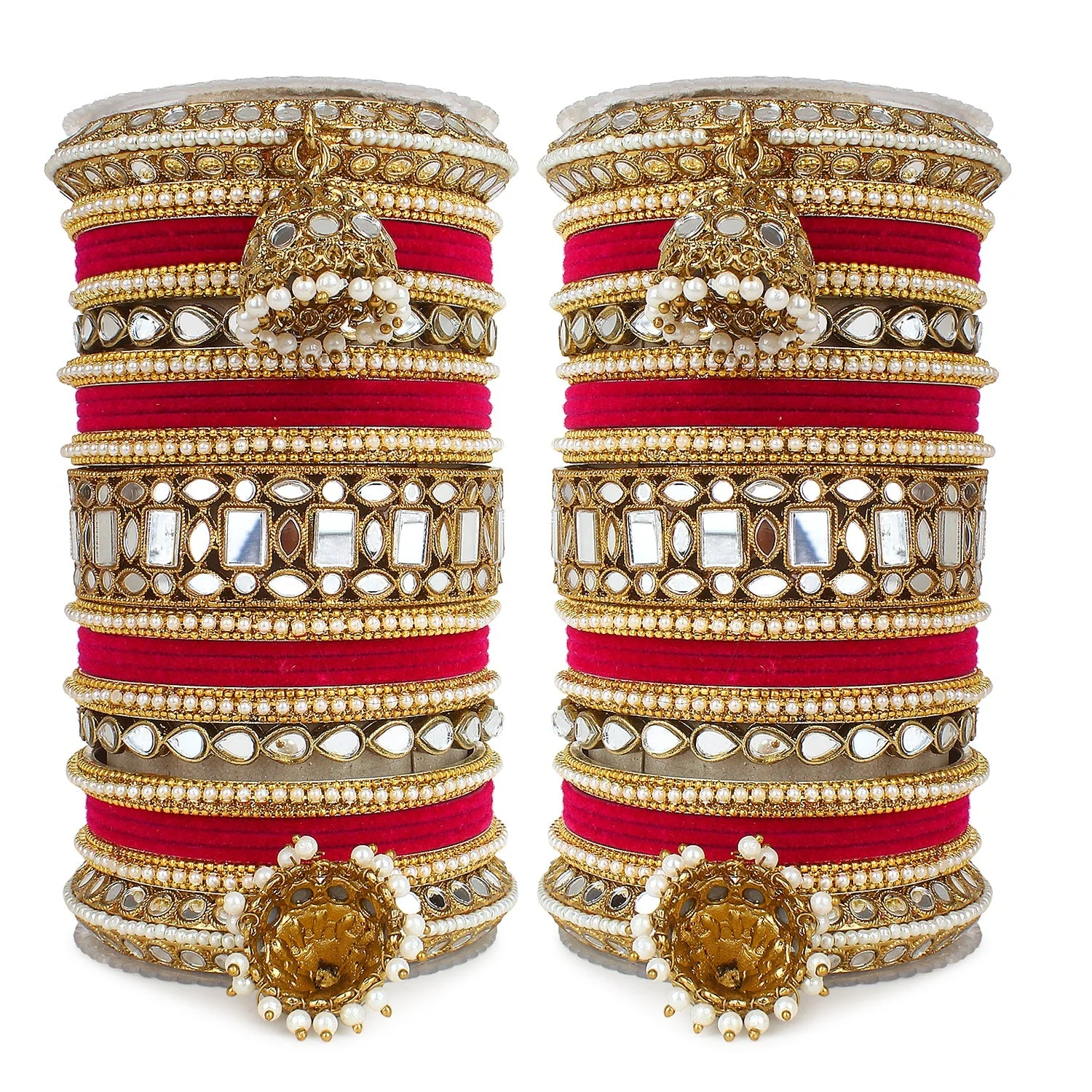 Traditional Mirror Bangle Set with Velvet Bangles with Jhumki by Leshya - Image 3