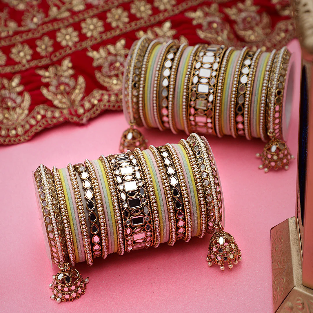 Traditional Mirror Bangle Set with Velvet Bangles with Jhumki by Leshya - Image 5
