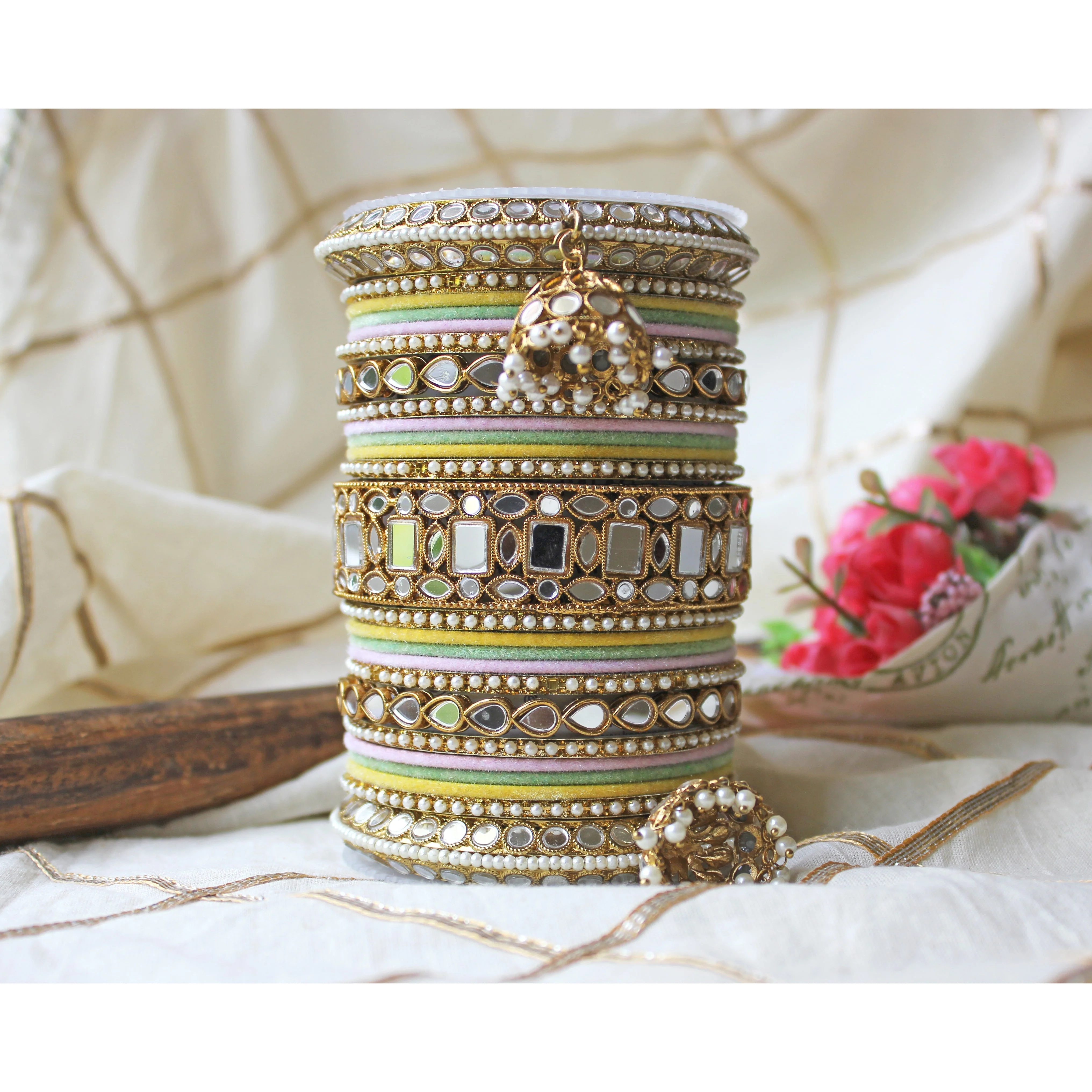 Traditional Mirror Bangle Set with Velvet Bangles with Jhumki by Leshya - Image 7