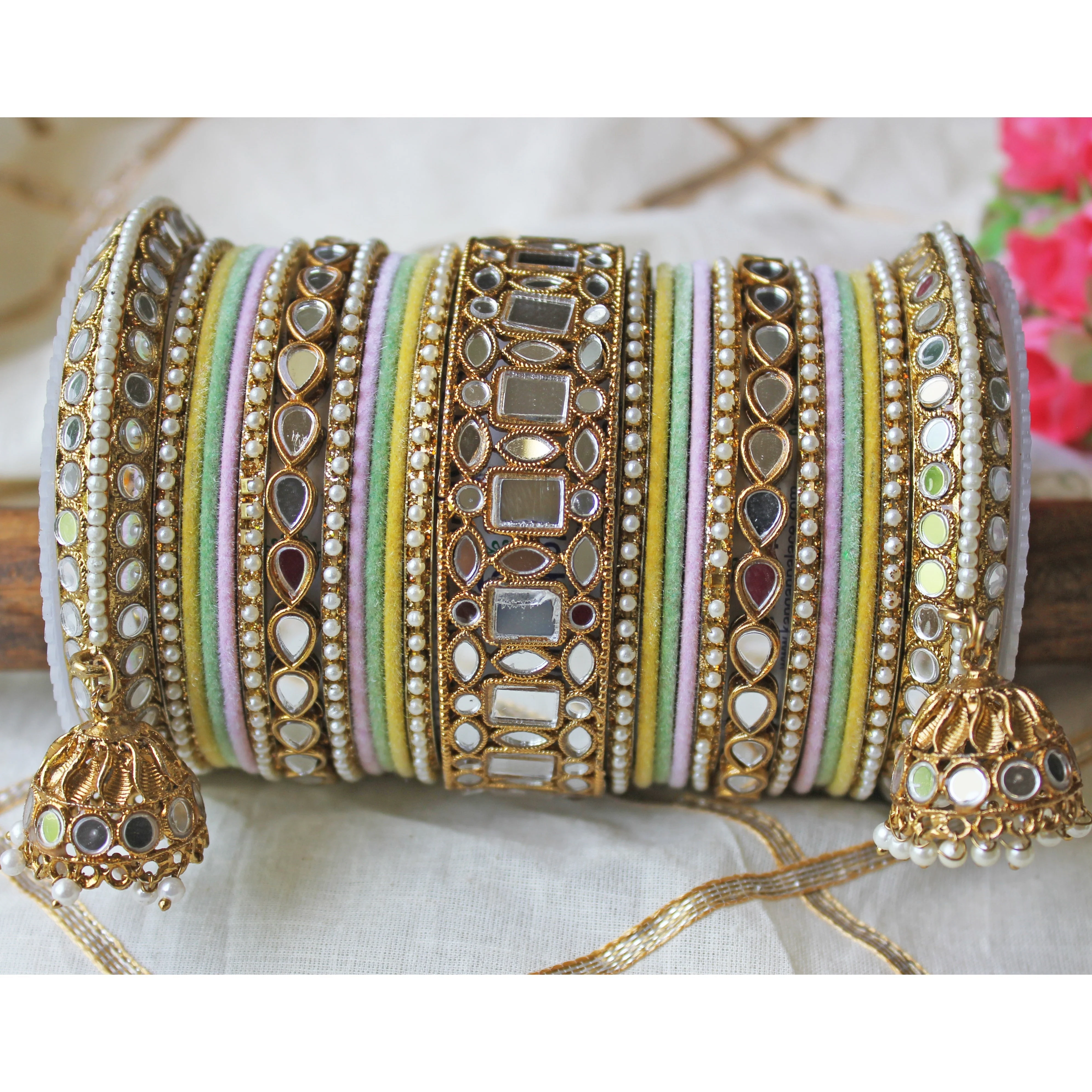 Traditional Mirror Bangle Set with Velvet Bangles with Jhumki by Leshya - Image 8