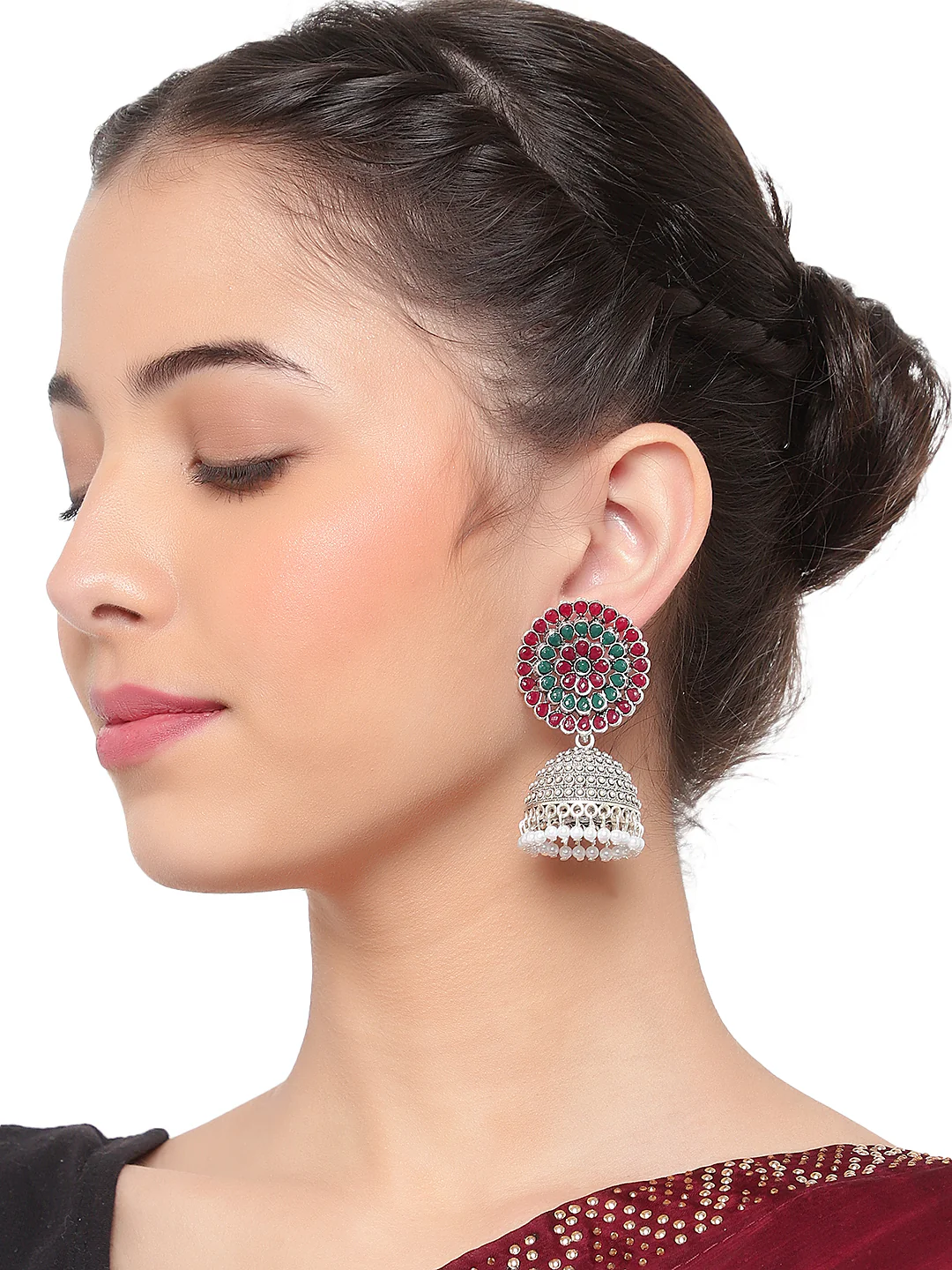 Traditional Oxidized Red-Green Jhumki Earring by Leshya