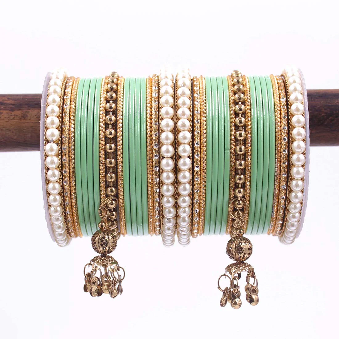 Traditional Solid Coloured Bangle Set with Pearl and Jhumki by Leshya - Image 10