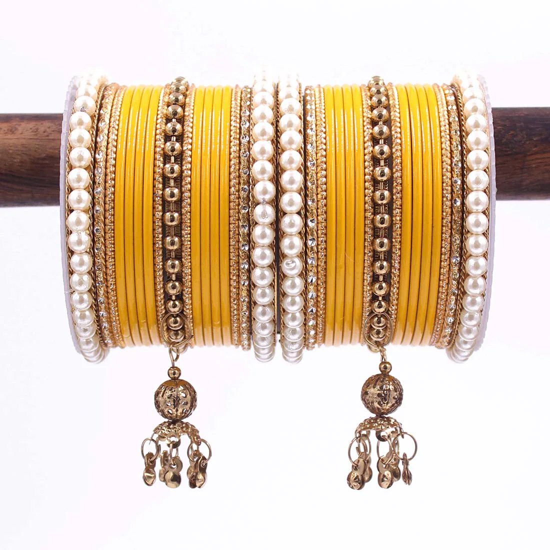 Traditional Solid Coloured Bangle Set with Pearl and Jhumki by Leshya - Image 12